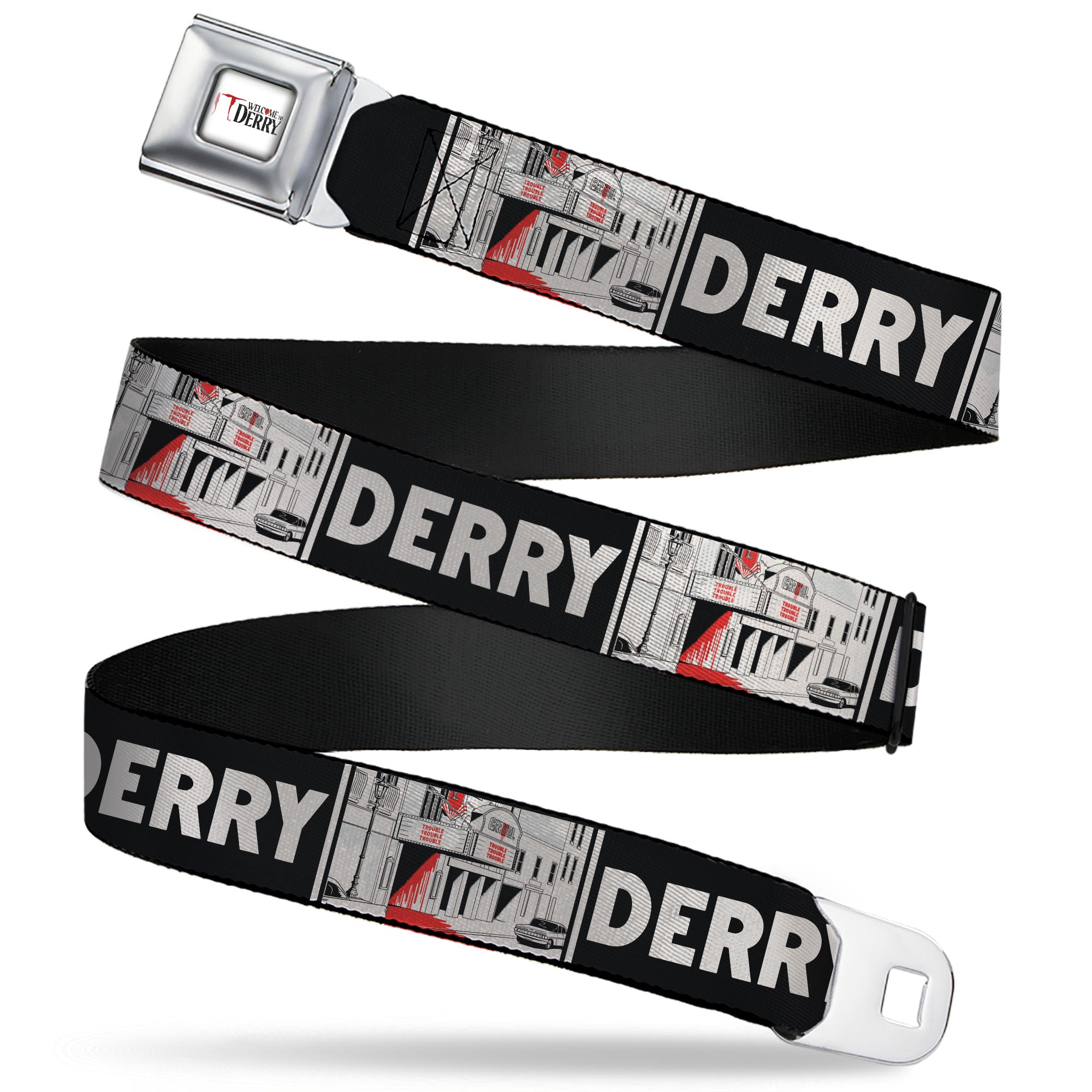 IT WELCOME TO DERRY Title Logo Full Color White Seatbelt Belt - IT Welcome to Derry Vintage Movie Theatre Scene Black/White Webbing Seatbelt Belts IT