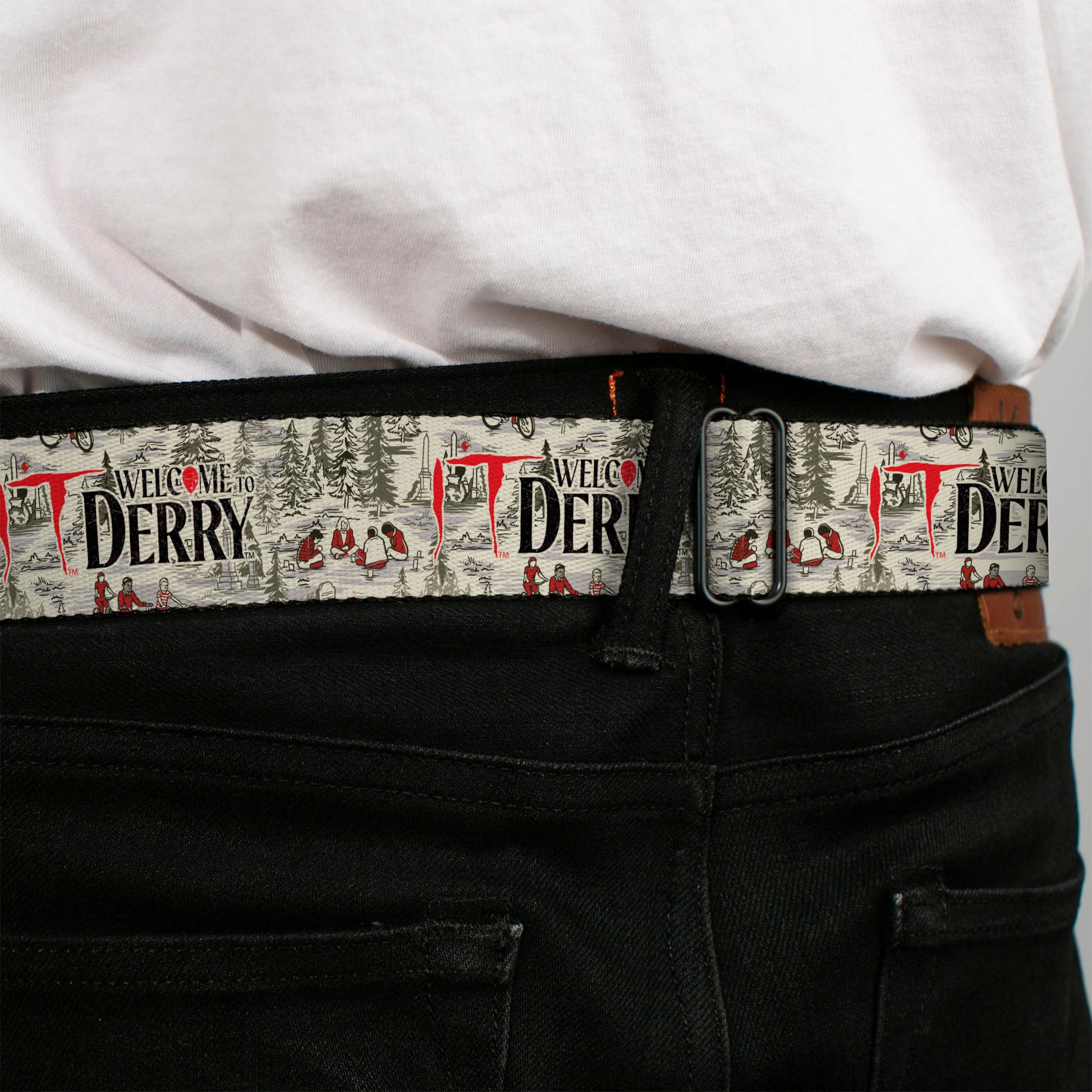 IT WELCOME TO DERRY Title Logo Full Color White Seatbelt Belt - IT WELCOME TO DERRY Camping Forest Scenery and Title Logo Beige/Grays Webbing Seatbelt Belts IT