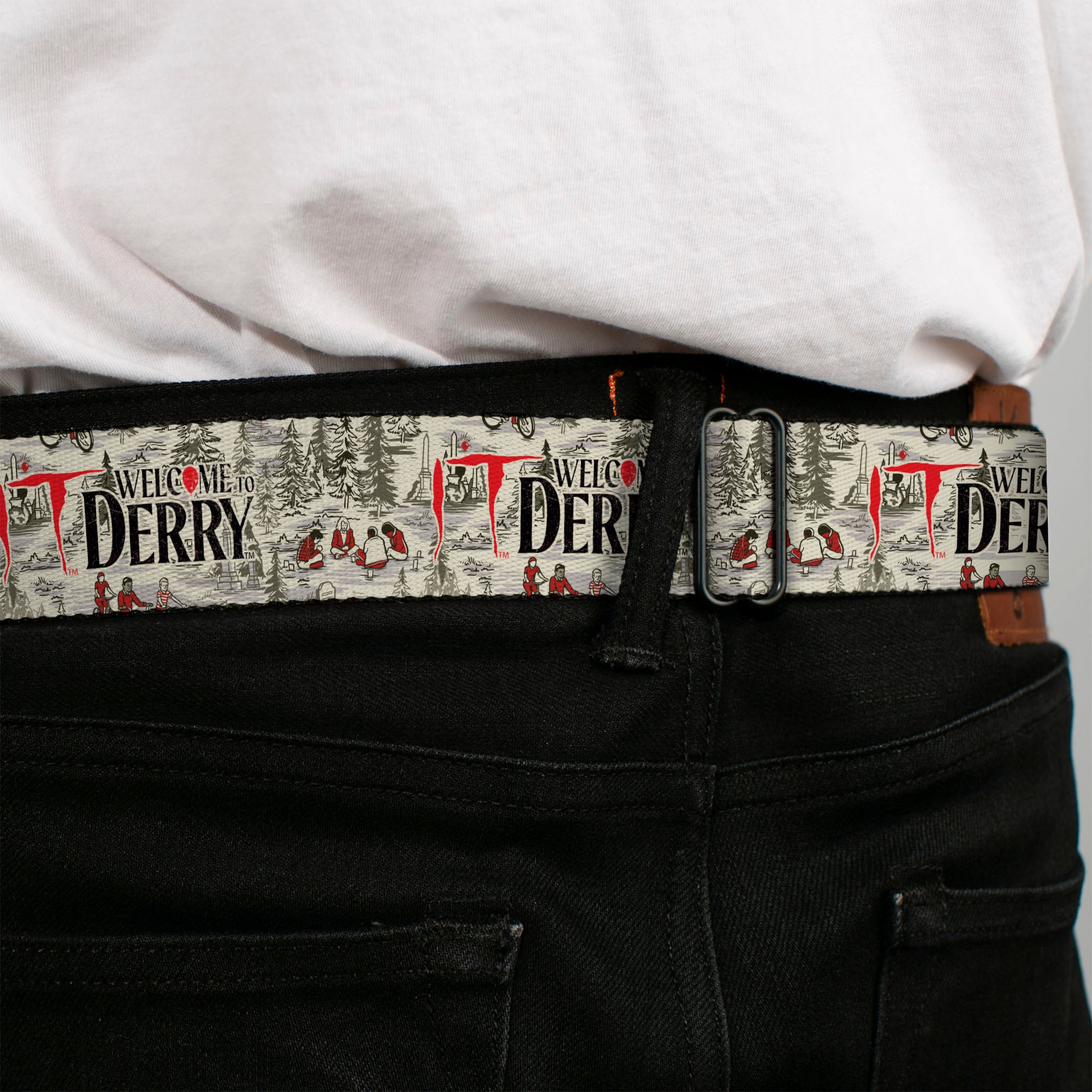 IT WELCOME TO DERRY Title Logo Full Color White Seatbelt Belt - IT WELCOME TO DERRY Camping Forest Scenery and Title Logo Beige/Grays Webbing Seatbelt Belts IT