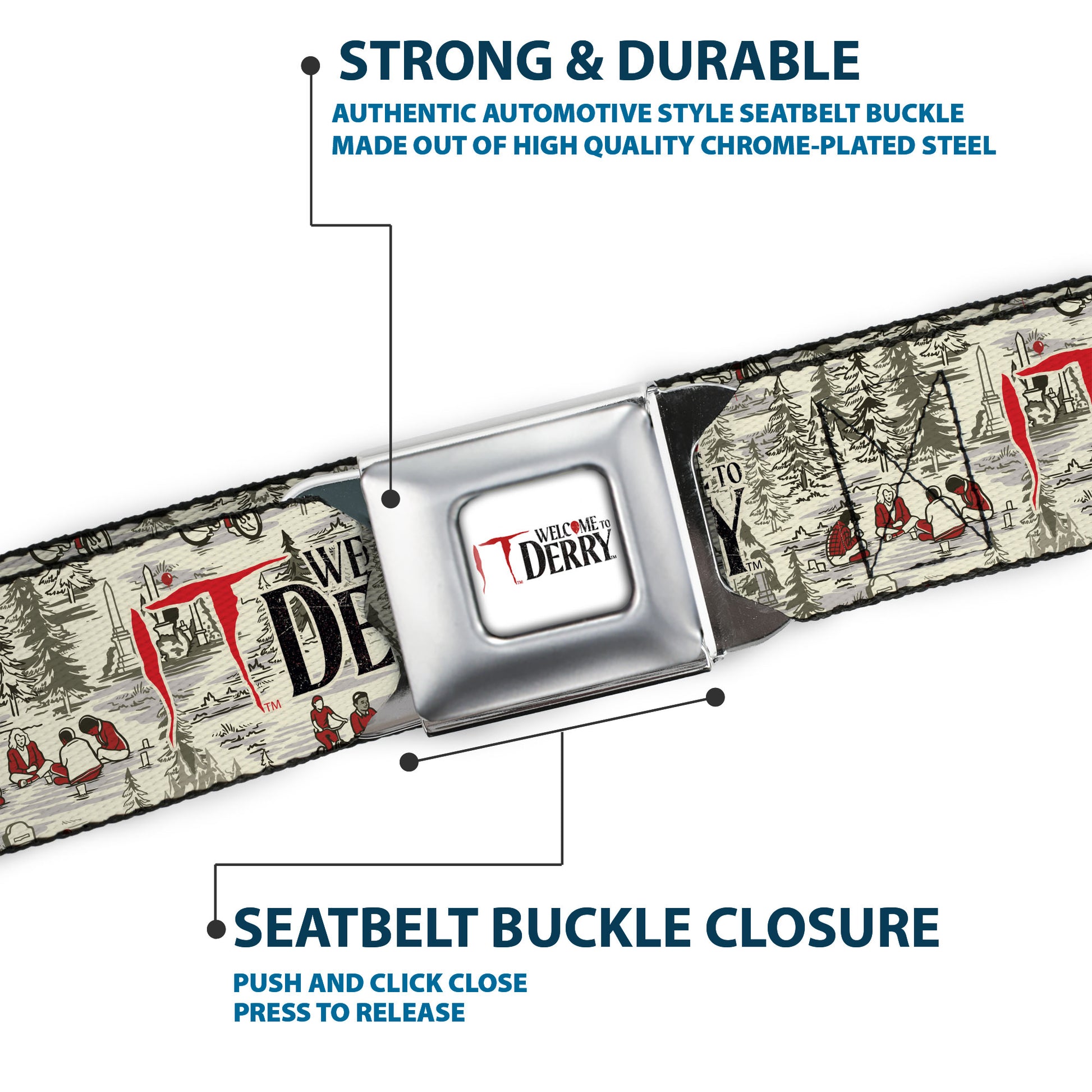 IT WELCOME TO DERRY Title Logo Full Color White Seatbelt Belt - IT WELCOME TO DERRY Camping Forest Scenery and Title Logo Beige/Grays Webbing Seatbelt Belts IT