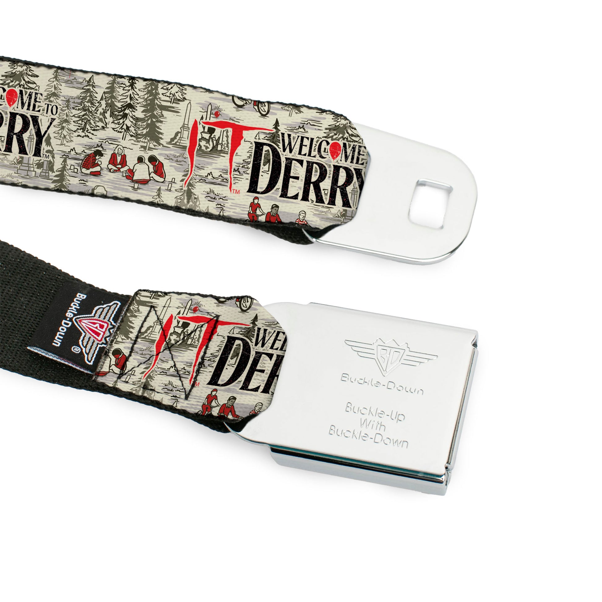 IT WELCOME TO DERRY Title Logo Full Color White Seatbelt Belt - IT WELCOME TO DERRY Camping Forest Scenery and Title Logo Beige/Grays Webbing Seatbelt Belts IT