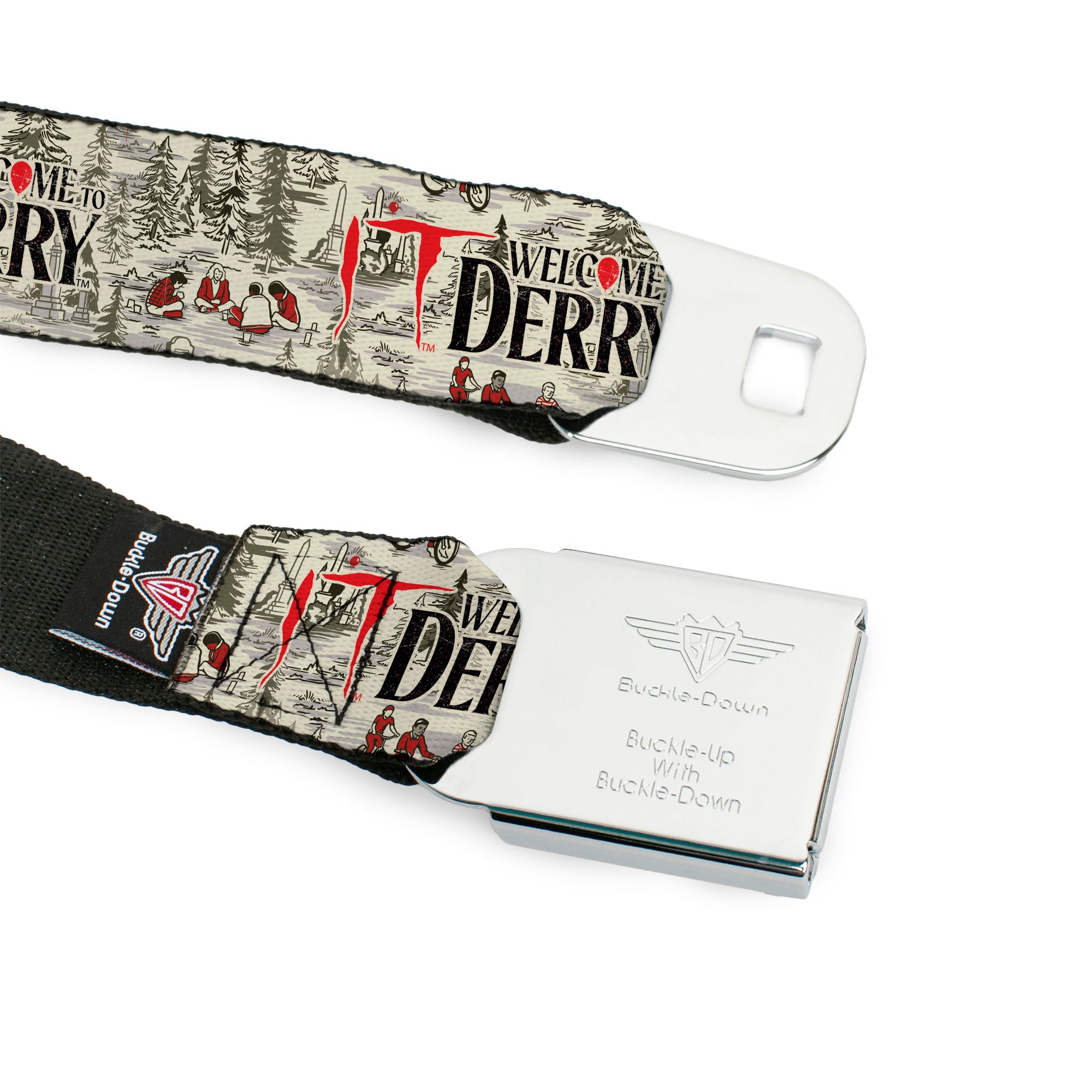 IT WELCOME TO DERRY Title Logo Full Color White Seatbelt Belt - IT WELCOME TO DERRY Camping Forest Scenery and Title Logo Beige/Grays Webbing Seatbelt Belts IT
