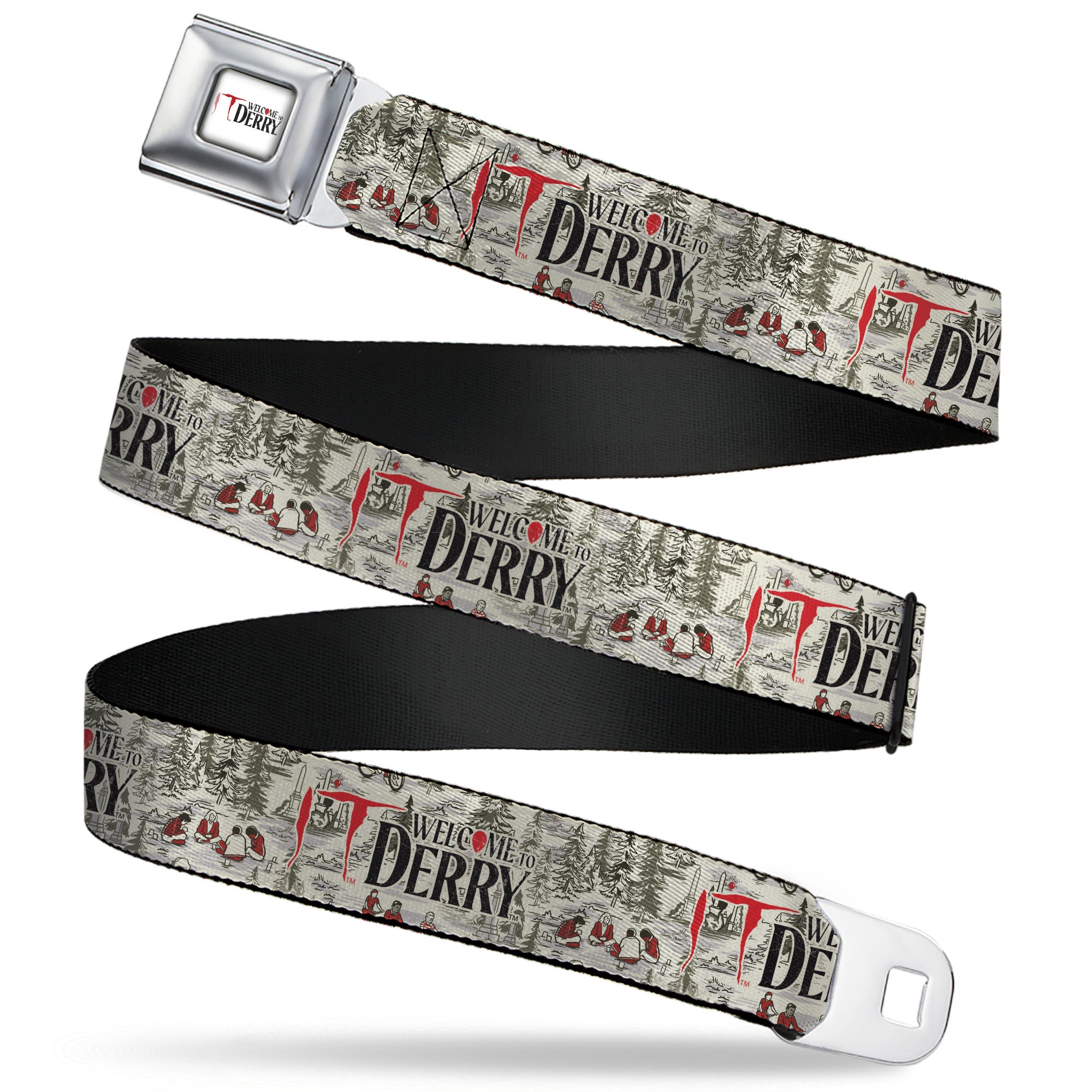 IT WELCOME TO DERRY Title Logo Full Color White Seatbelt Belt - IT WELCOME TO DERRY Camping Forest Scenery and Title Logo Beige/Grays Webbing Seatbelt Belts IT