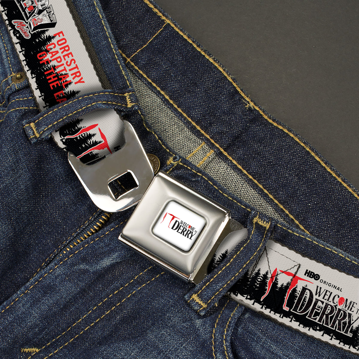IT WELCOME TO DERRY Title Logo Full Color White Seatbelt Belt - IT WELCOME TO DERRY Icons and Forest Scenery White/Black/Red Webbing Seatbelt Belts IT