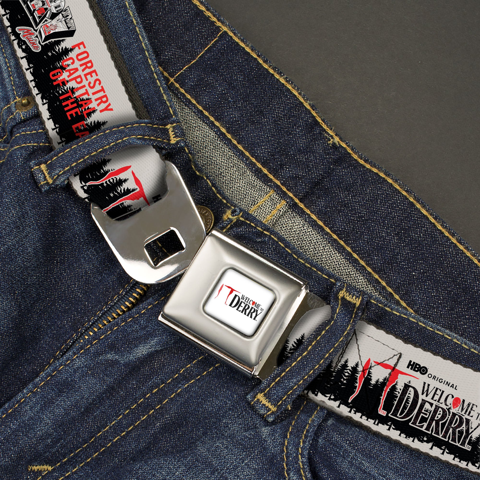 IT WELCOME TO DERRY Title Logo Full Color White Seatbelt Belt - IT WELCOME TO DERRY Icons and Forest Scenery White/Black/Red Webbing Seatbelt Belts IT