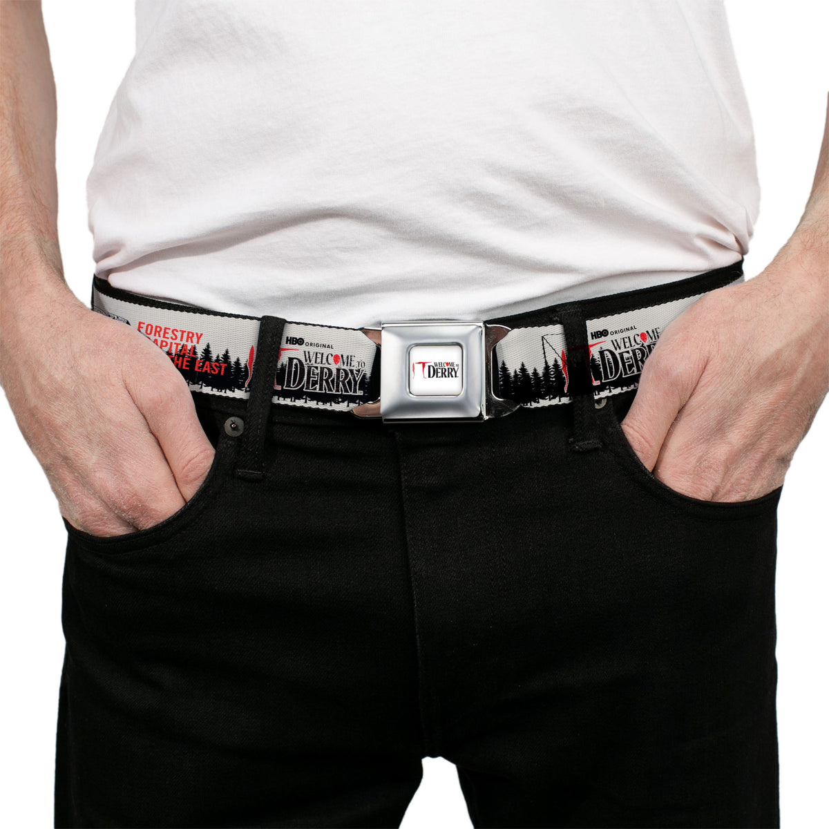 IT WELCOME TO DERRY Title Logo Full Color White Seatbelt Belt - IT WELCOME TO DERRY Icons and Forest Scenery White/Black/Red Webbing Seatbelt Belts IT