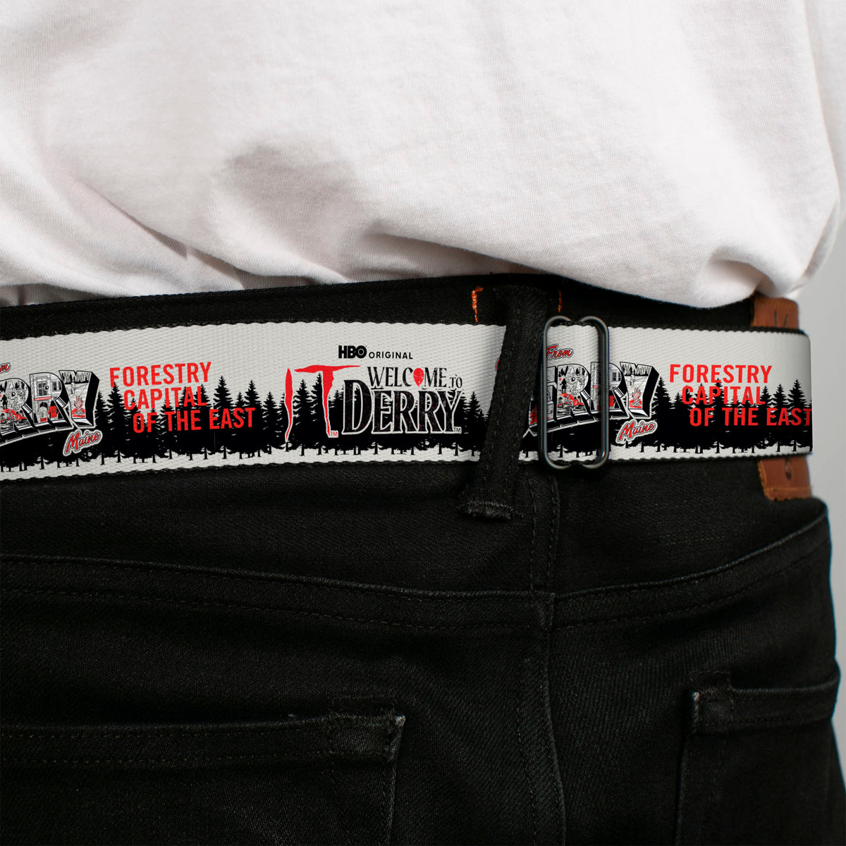 IT WELCOME TO DERRY Title Logo Full Color White Seatbelt Belt - IT WELCOME TO DERRY Icons and Forest Scenery White/Black/Red Webbing Seatbelt Belts IT