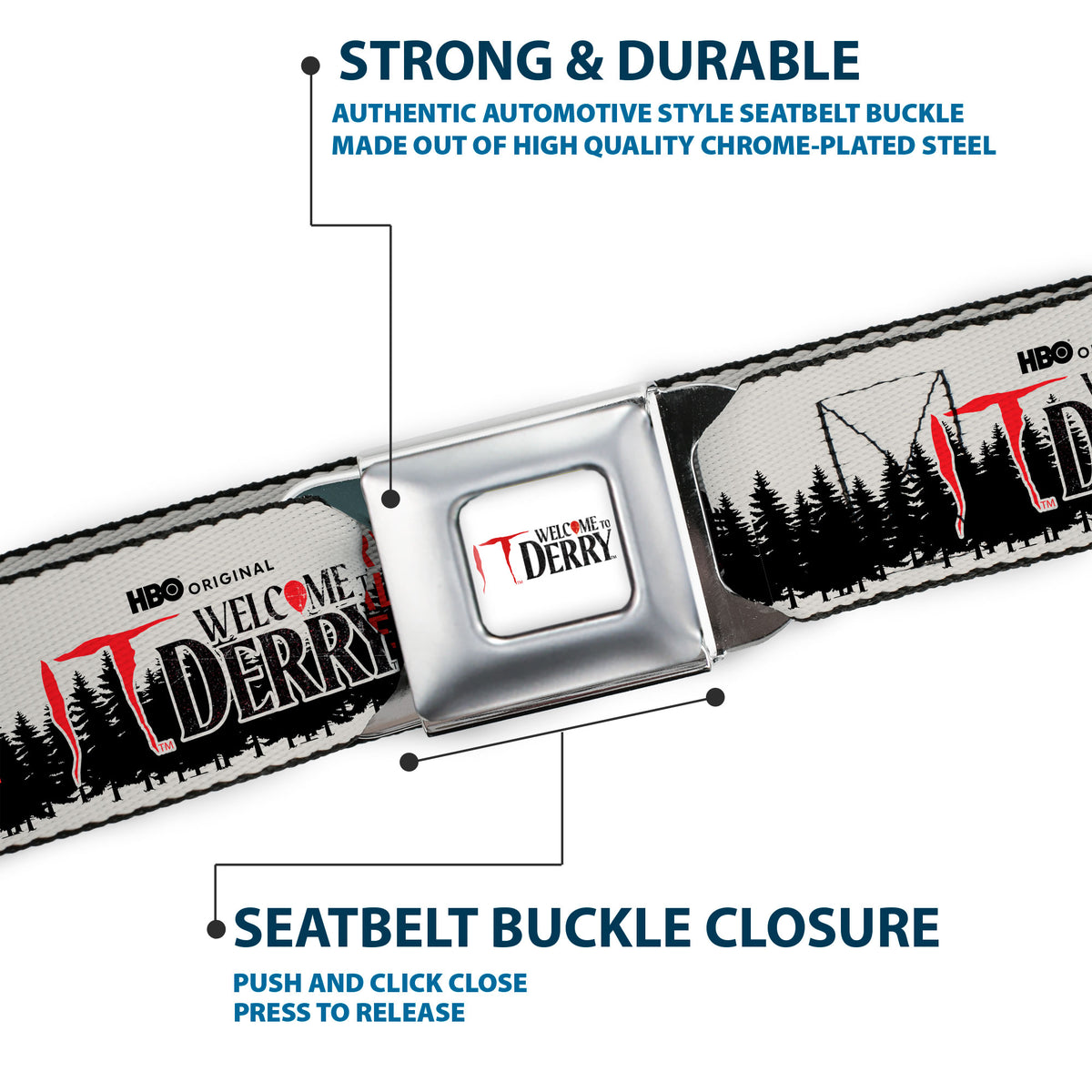IT WELCOME TO DERRY Title Logo Full Color White Seatbelt Belt - IT WELCOME TO DERRY Icons and Forest Scenery White/Black/Red Webbing Seatbelt Belts IT