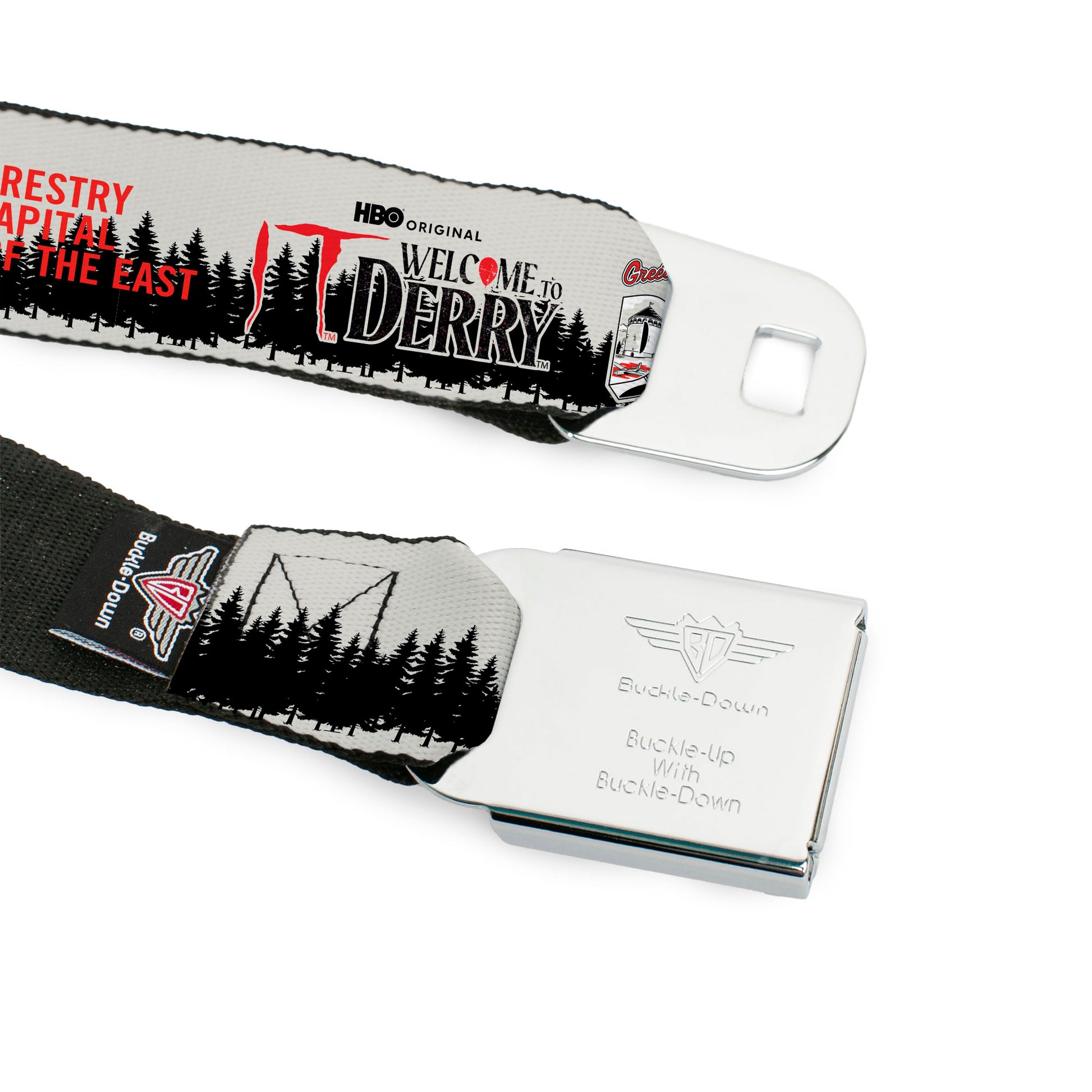 IT WELCOME TO DERRY Title Logo Full Color White Seatbelt Belt - IT WELCOME TO DERRY Icons and Forest Scenery White/Black/Red Webbing Seatbelt Belts IT