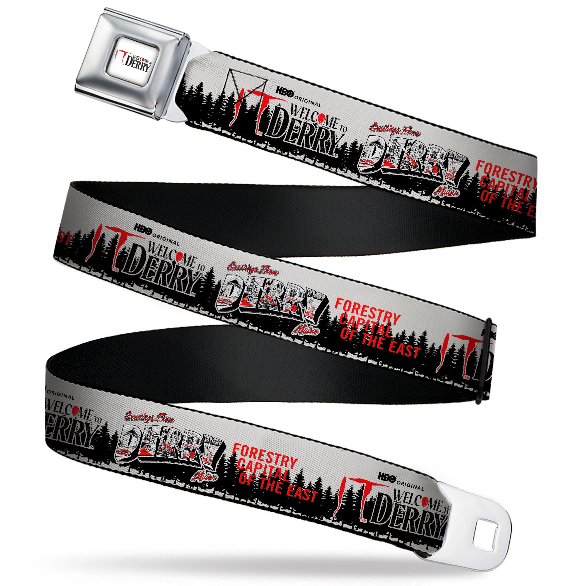 IT WELCOME TO DERRY Title Logo Full Color White Seatbelt Belt - IT WELCOME TO DERRY Icons and Forest Scenery White/Black/Red Webbing Seatbelt Belts IT