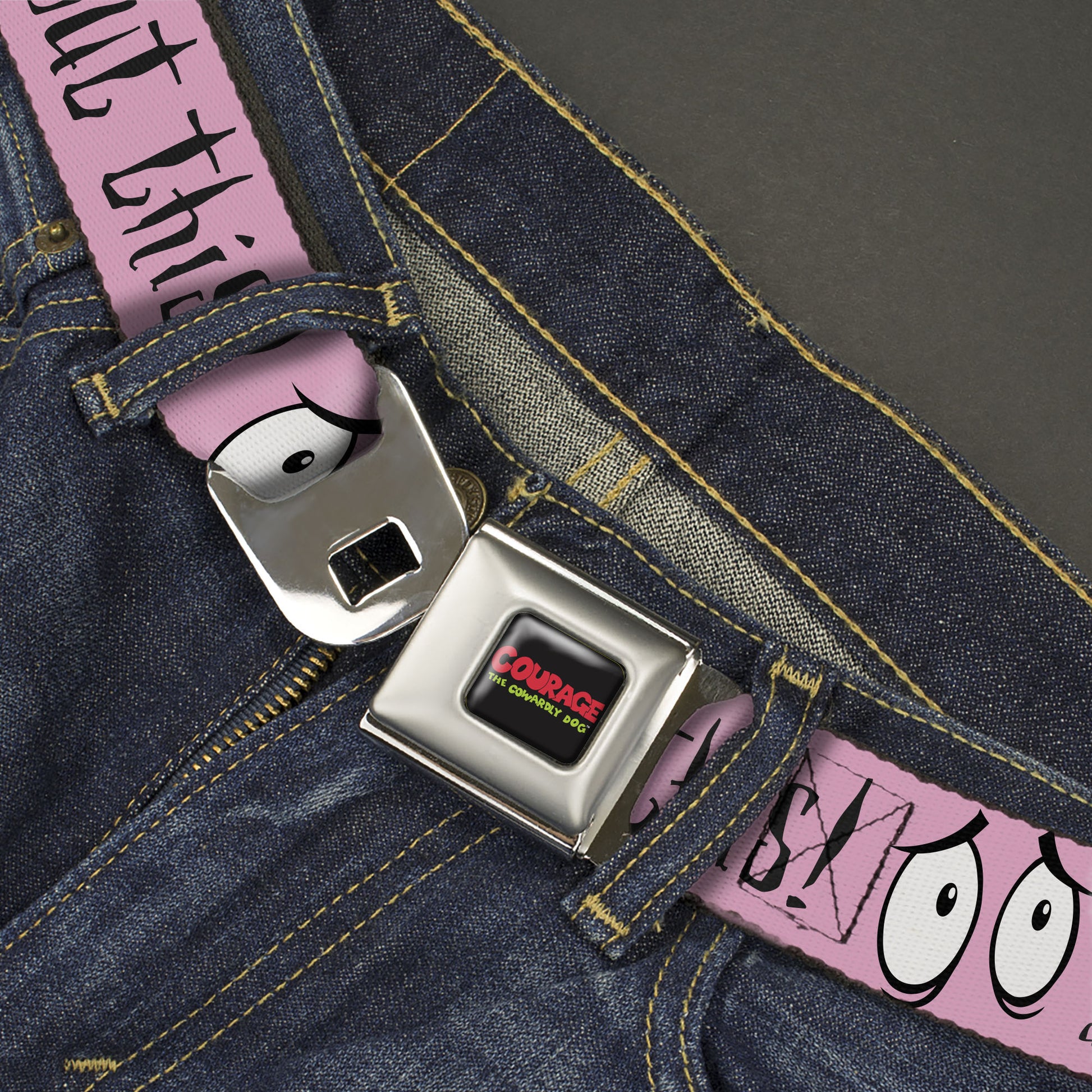 COURAGE THE COWARDLY DOG Title Logo Full Color Black/Red/Green Seatbelt Belt - Courage the Cowardly Dog I HAVE A BAD FEELING ABOUT THIS Eyes Pink/Black Webbing Seatbelt Belts Courage the Cowardly Dog