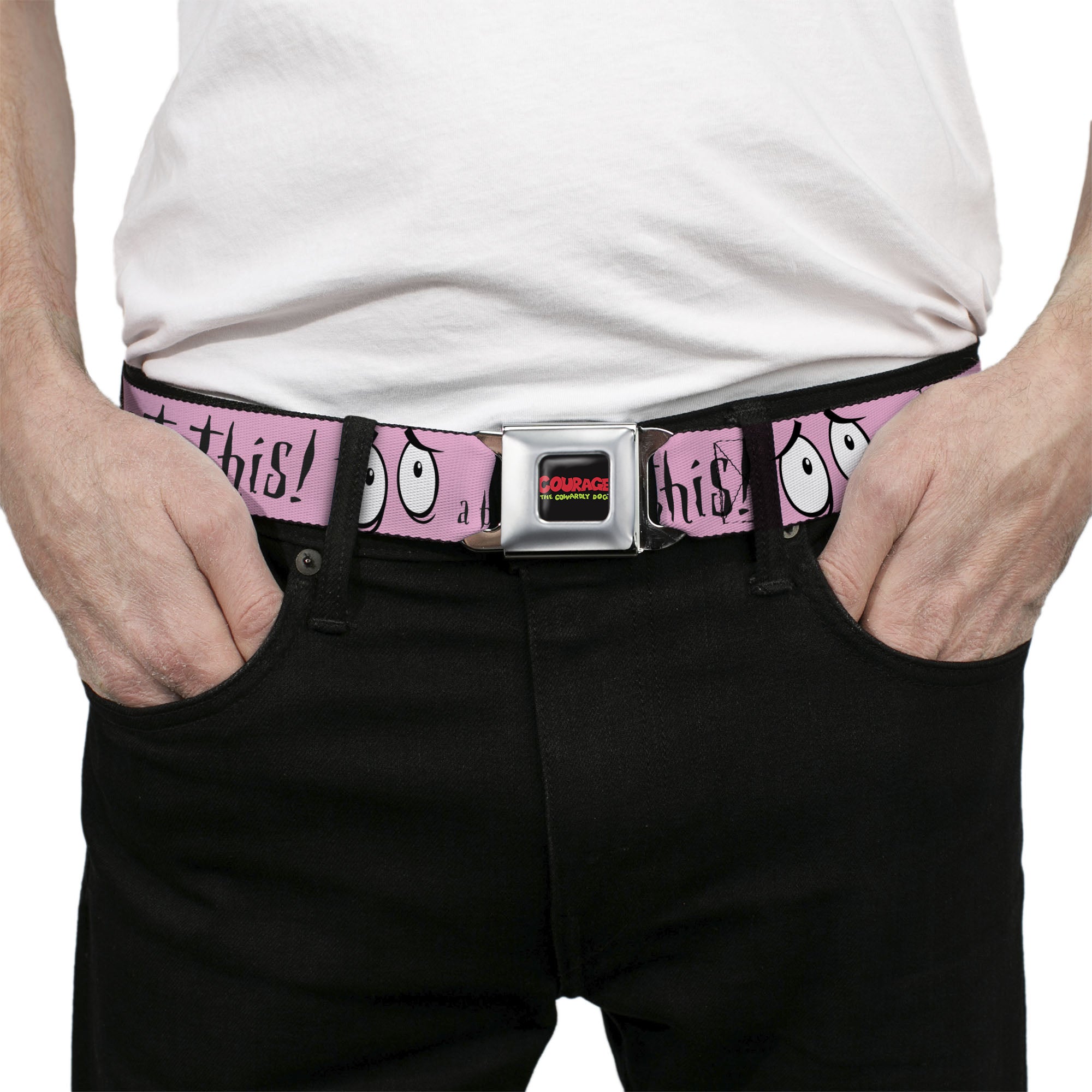 COURAGE THE COWARDLY DOG Title Logo Full Color Black/Red/Green Seatbelt Belt - Courage the Cowardly Dog I HAVE A BAD FEELING ABOUT THIS Eyes Pink/Black Webbing Seatbelt Belts Courage the Cowardly Dog