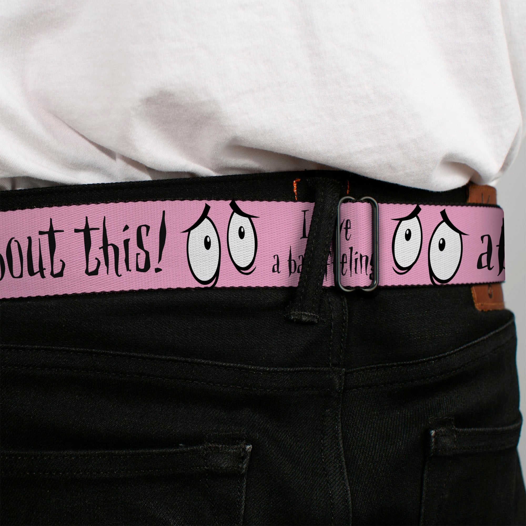 COURAGE THE COWARDLY DOG Title Logo Full Color Black/Red/Green Seatbelt Belt - Courage the Cowardly Dog I HAVE A BAD FEELING ABOUT THIS Eyes Pink/Black Webbing Seatbelt Belts Courage the Cowardly Dog
