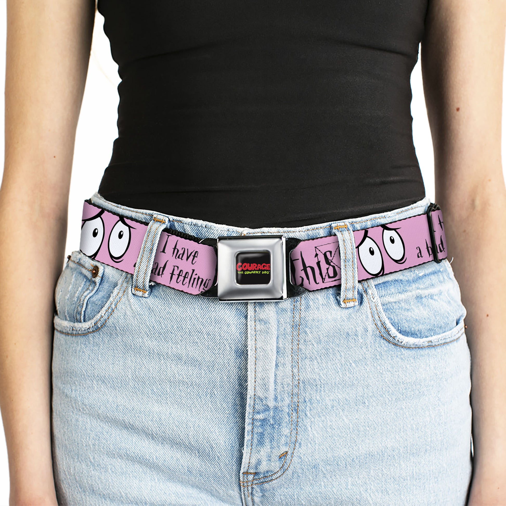 COURAGE THE COWARDLY DOG Title Logo Full Color Black/Red/Green Seatbelt Belt - Courage the Cowardly Dog I HAVE A BAD FEELING ABOUT THIS Eyes Pink/Black Webbing Seatbelt Belts Courage the Cowardly Dog