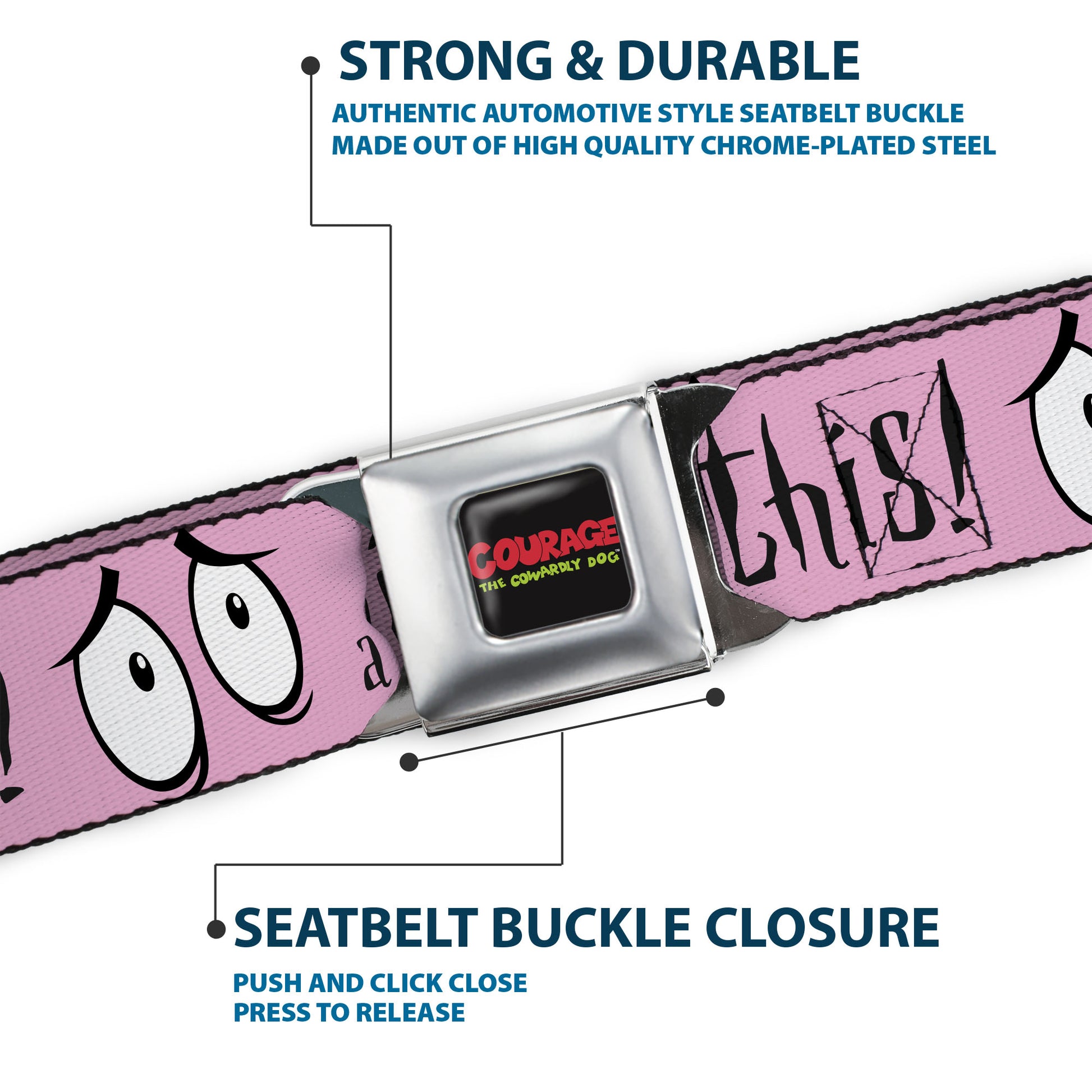 COURAGE THE COWARDLY DOG Title Logo Full Color Black/Red/Green Seatbelt Belt - Courage the Cowardly Dog I HAVE A BAD FEELING ABOUT THIS Eyes Pink/Black Webbing Seatbelt Belts Courage the Cowardly Dog