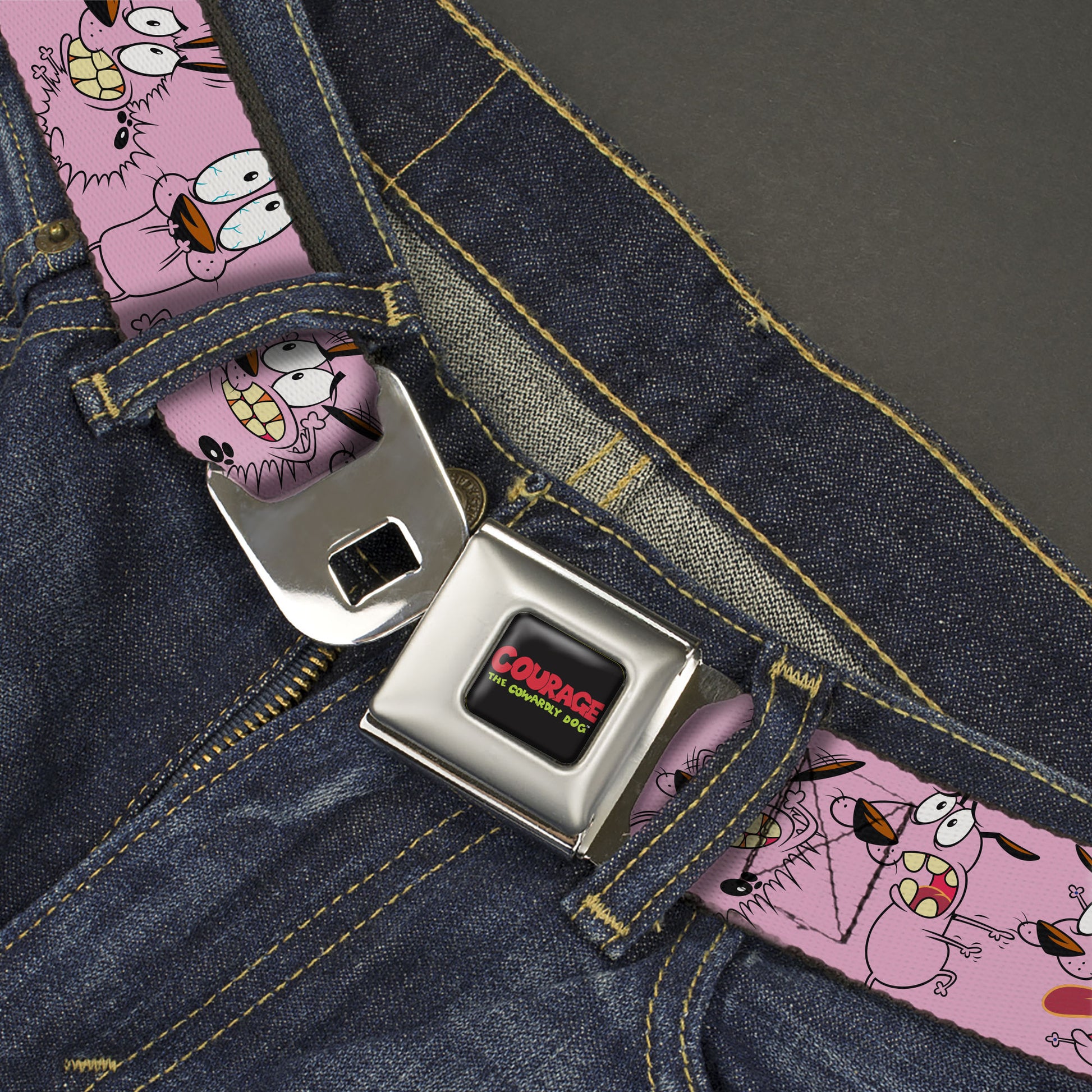 COURAGE THE COWARDLY DOG Title Logo Full Color Black/Red/Green Seatbelt Belt - Courage Five Poses Pink Webbing Seatbelt Belts Courage the Cowardly Dog