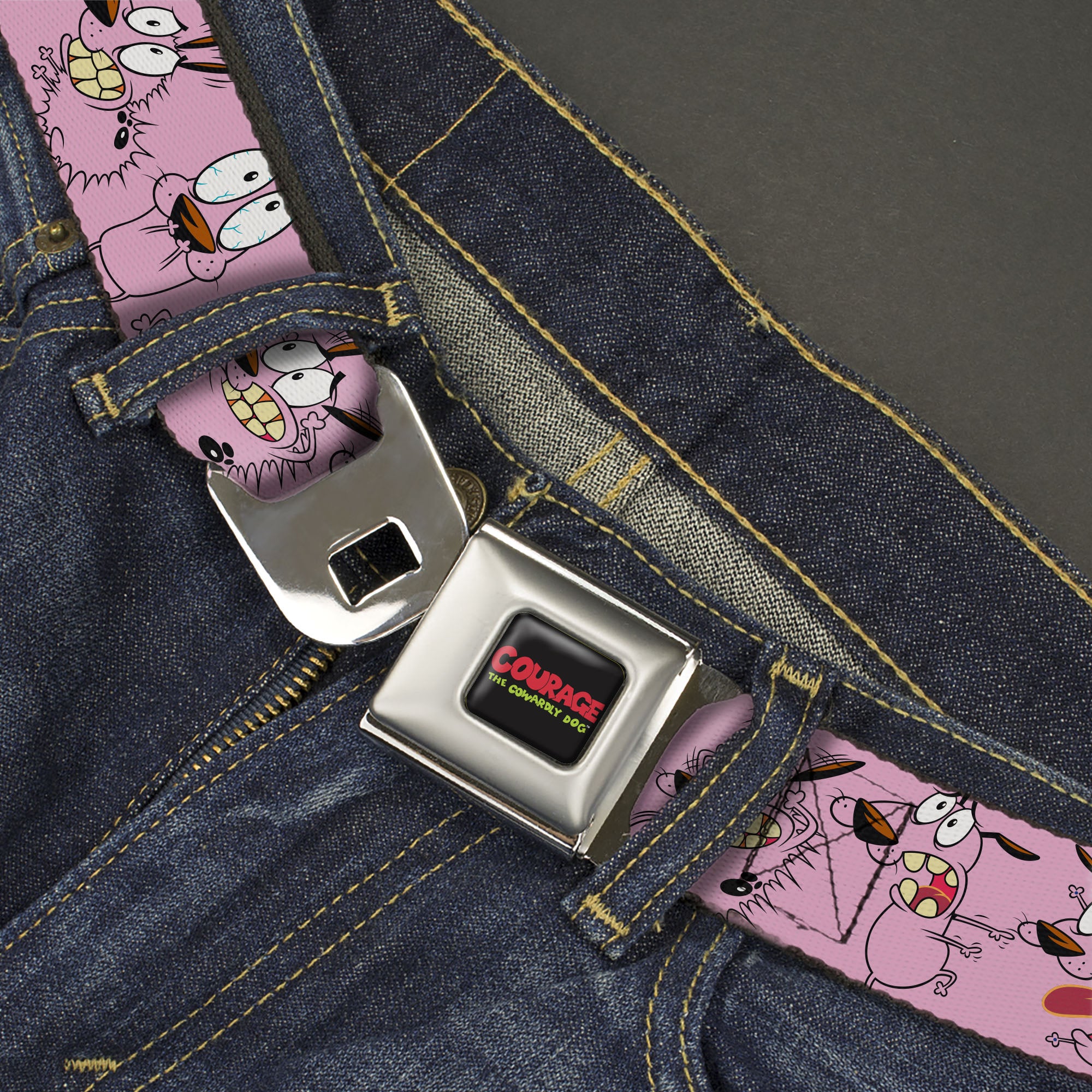 COURAGE THE COWARDLY DOG Title Logo Full Color Black/Red/Green Seatbelt Belt - Courage Five Poses Pink Webbing Seatbelt Belts Courage the Cowardly Dog