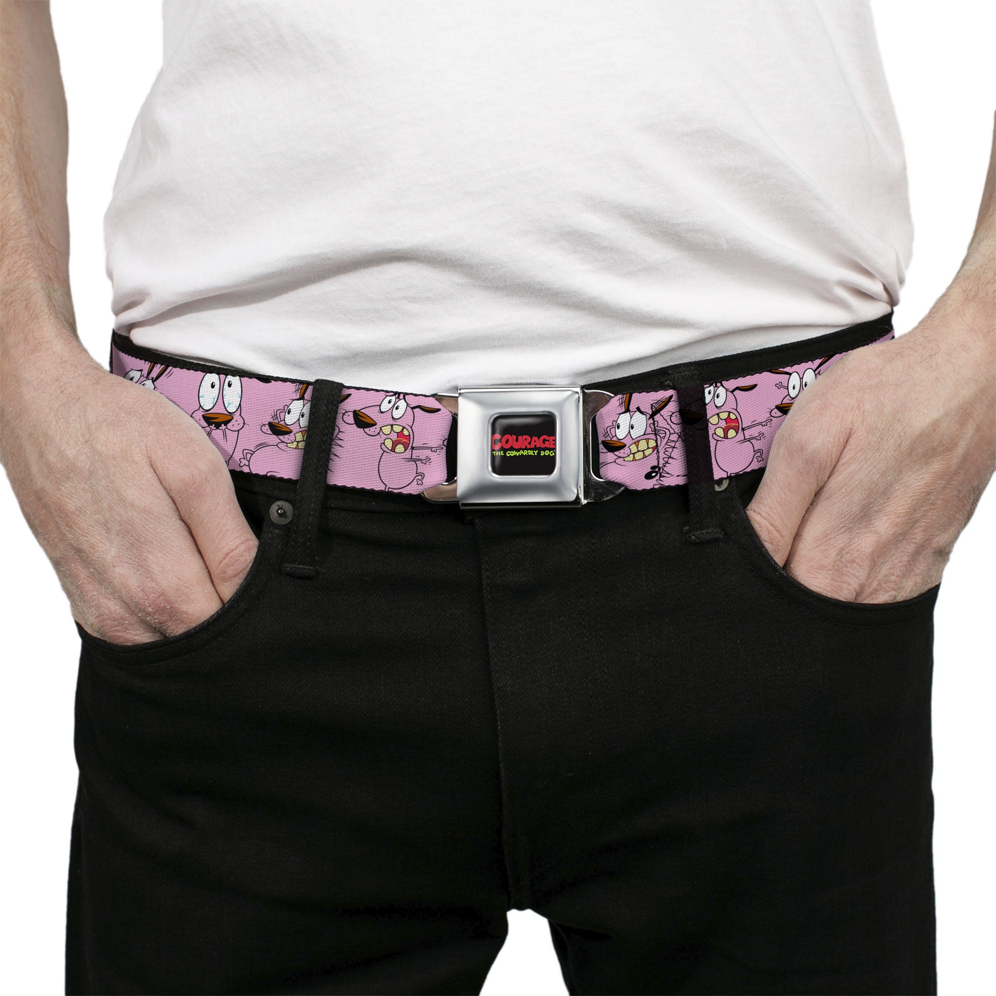COURAGE THE COWARDLY DOG Title Logo Full Color Black/Red/Green Seatbelt Belt - Courage Five Poses Pink Webbing Seatbelt Belts Courage the Cowardly Dog