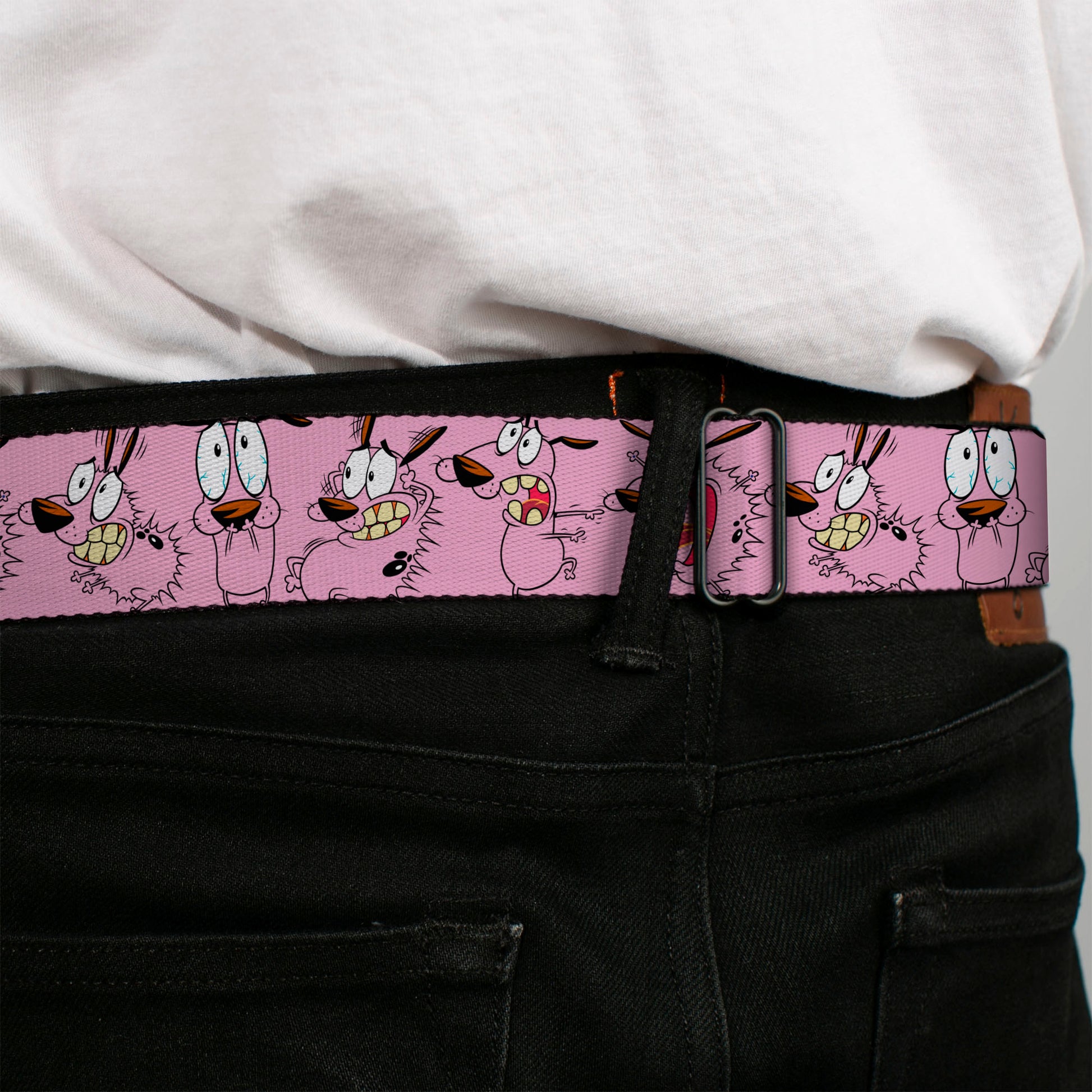 COURAGE THE COWARDLY DOG Title Logo Full Color Black/Red/Green Seatbelt Belt - Courage Five Poses Pink Webbing Seatbelt Belts Courage the Cowardly Dog