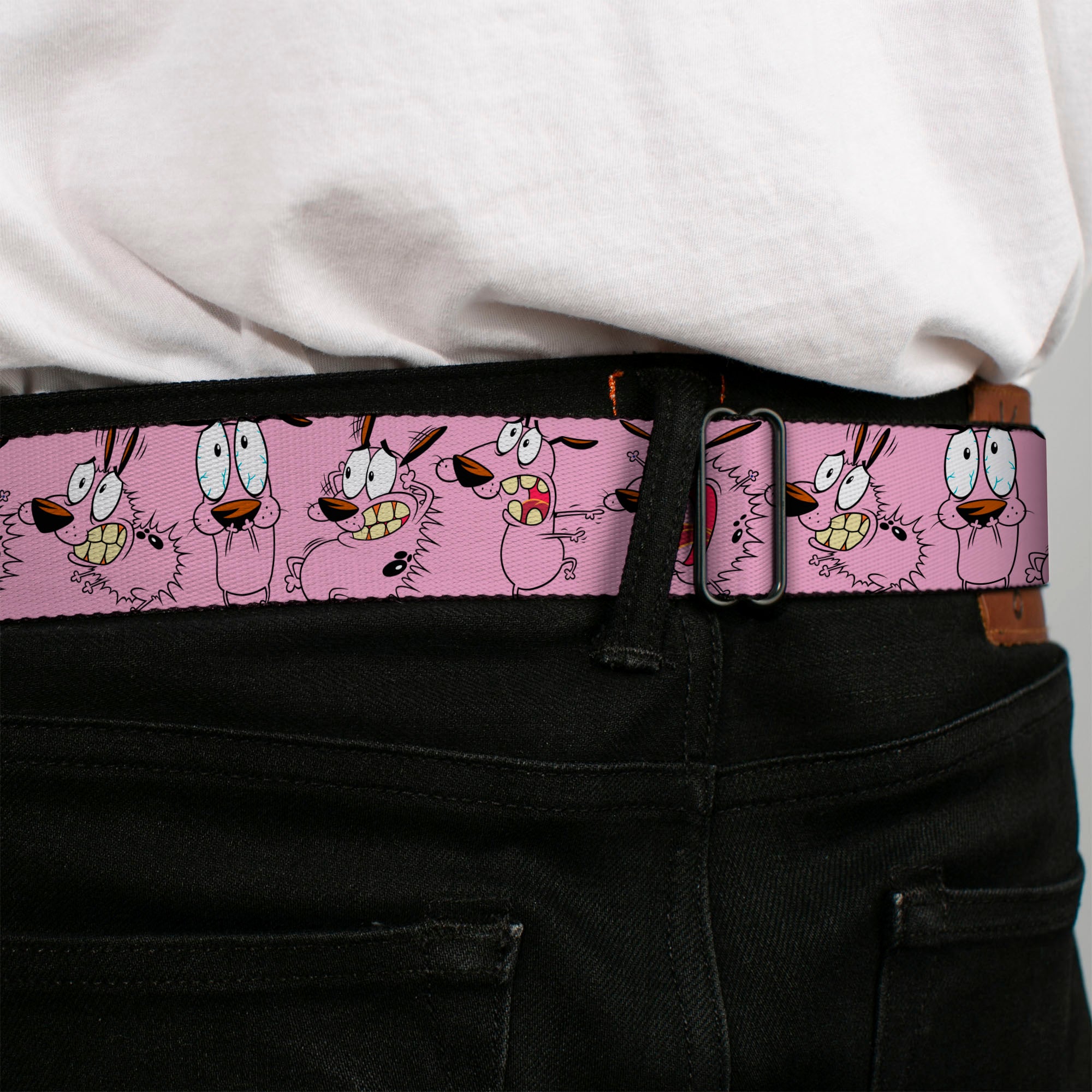 COURAGE THE COWARDLY DOG Title Logo Full Color Black/Red/Green Seatbelt Belt - Courage Five Poses Pink Webbing Seatbelt Belts Courage the Cowardly Dog