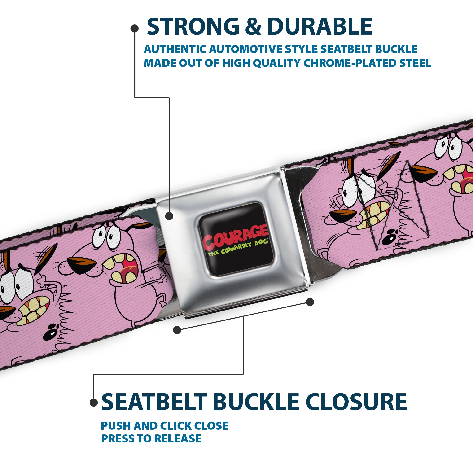 COURAGE THE COWARDLY DOG Title Logo Full Color Black/Red/Green Seatbelt Belt - Courage Five Poses Pink Webbing Seatbelt Belts Courage the Cowardly Dog