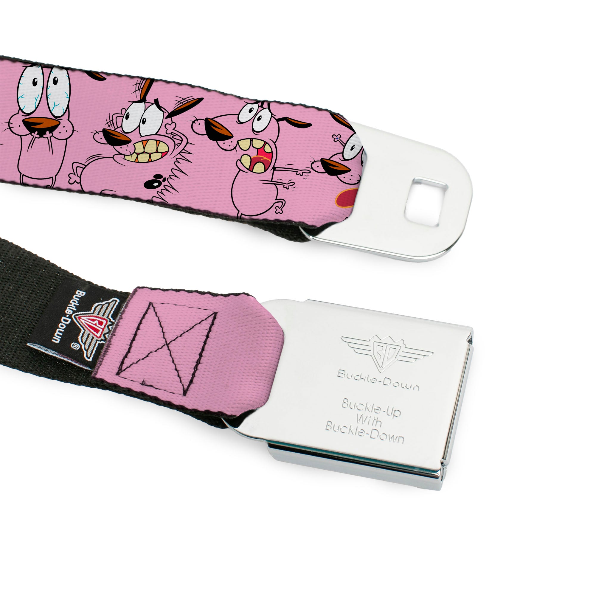 COURAGE THE COWARDLY DOG Title Logo Full Color Black/Red/Green Seatbelt Belt - Courage Five Poses Pink Webbing Seatbelt Belts Courage the Cowardly Dog