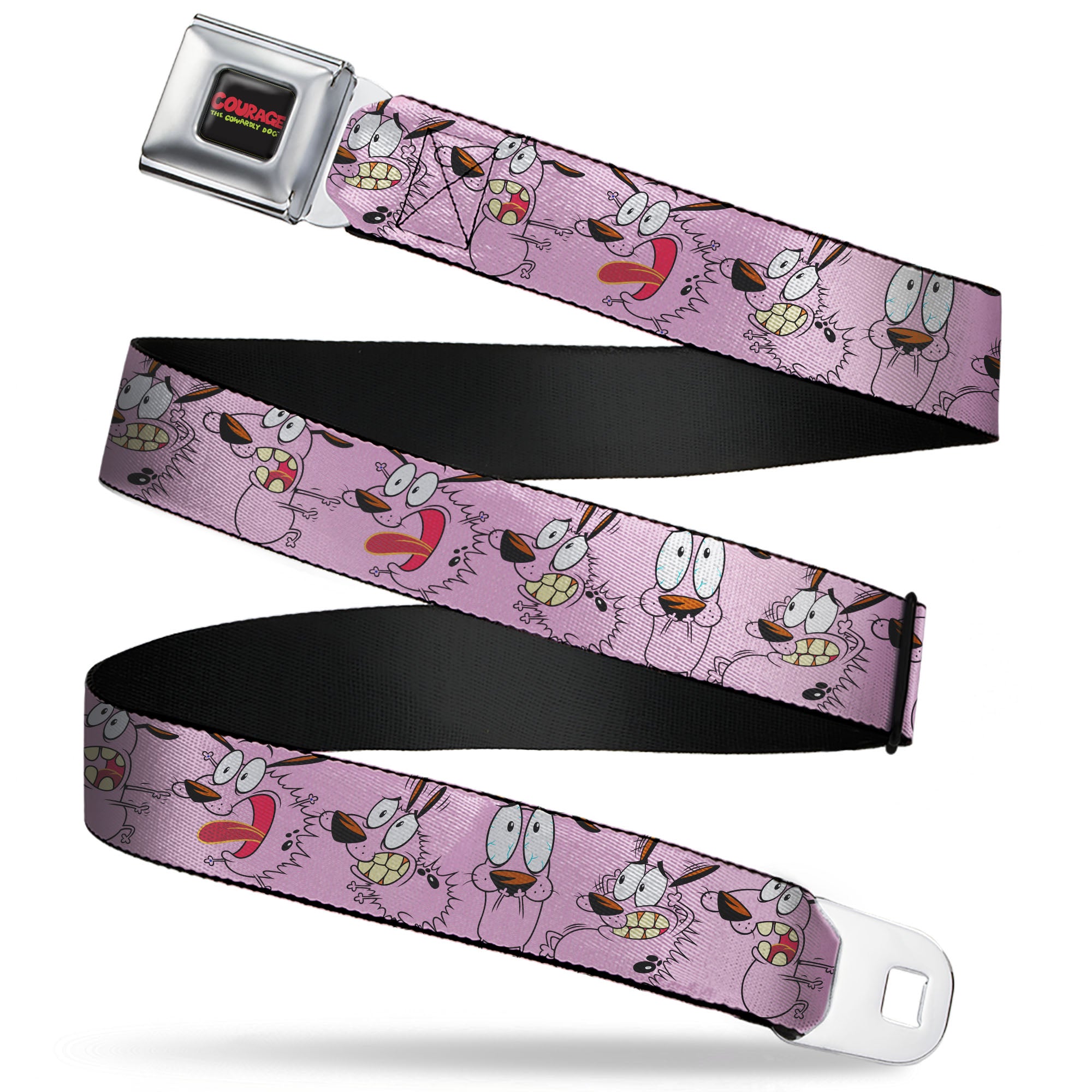 COURAGE THE COWARDLY DOG Title Logo Full Color Black/Red/Green Seatbelt Belt - Courage Five Poses Pink Webbing Seatbelt Belts Courage the Cowardly Dog