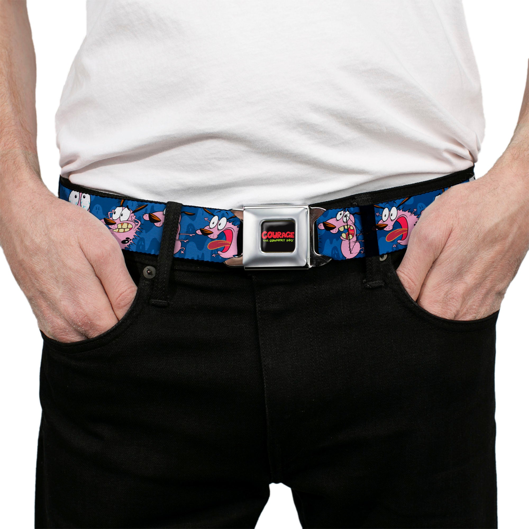 COURAGE THE COWARDLY DOG Title Logo Full Color Black/Red/Green Seatbelt Belt - Courage the Cowardly Dog Expression Poses Blues Webbing Seatbelt Belts Courage the Cowardly Dog