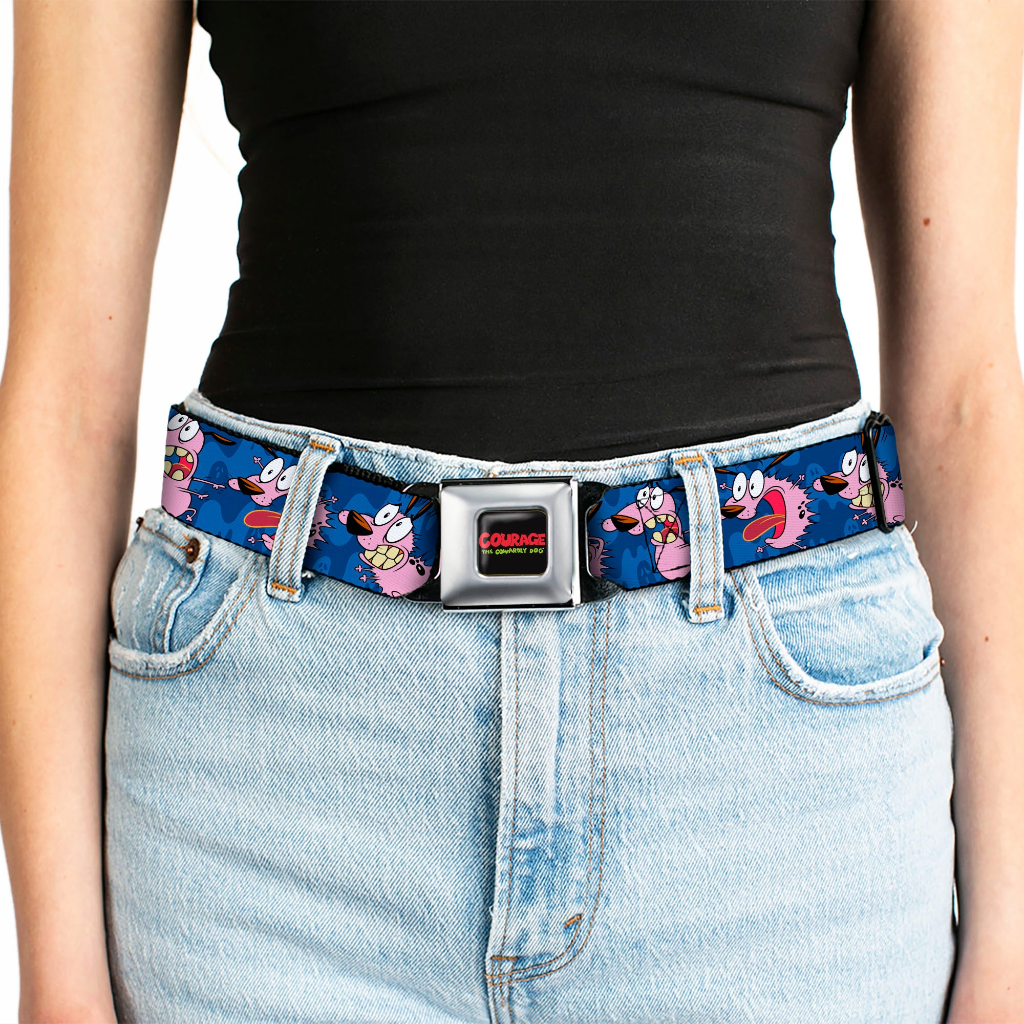 COURAGE THE COWARDLY DOG Title Logo Full Color Black/Red/Green Seatbelt Belt - Courage the Cowardly Dog Expression Poses Blues Webbing Seatbelt Belts Courage the Cowardly Dog