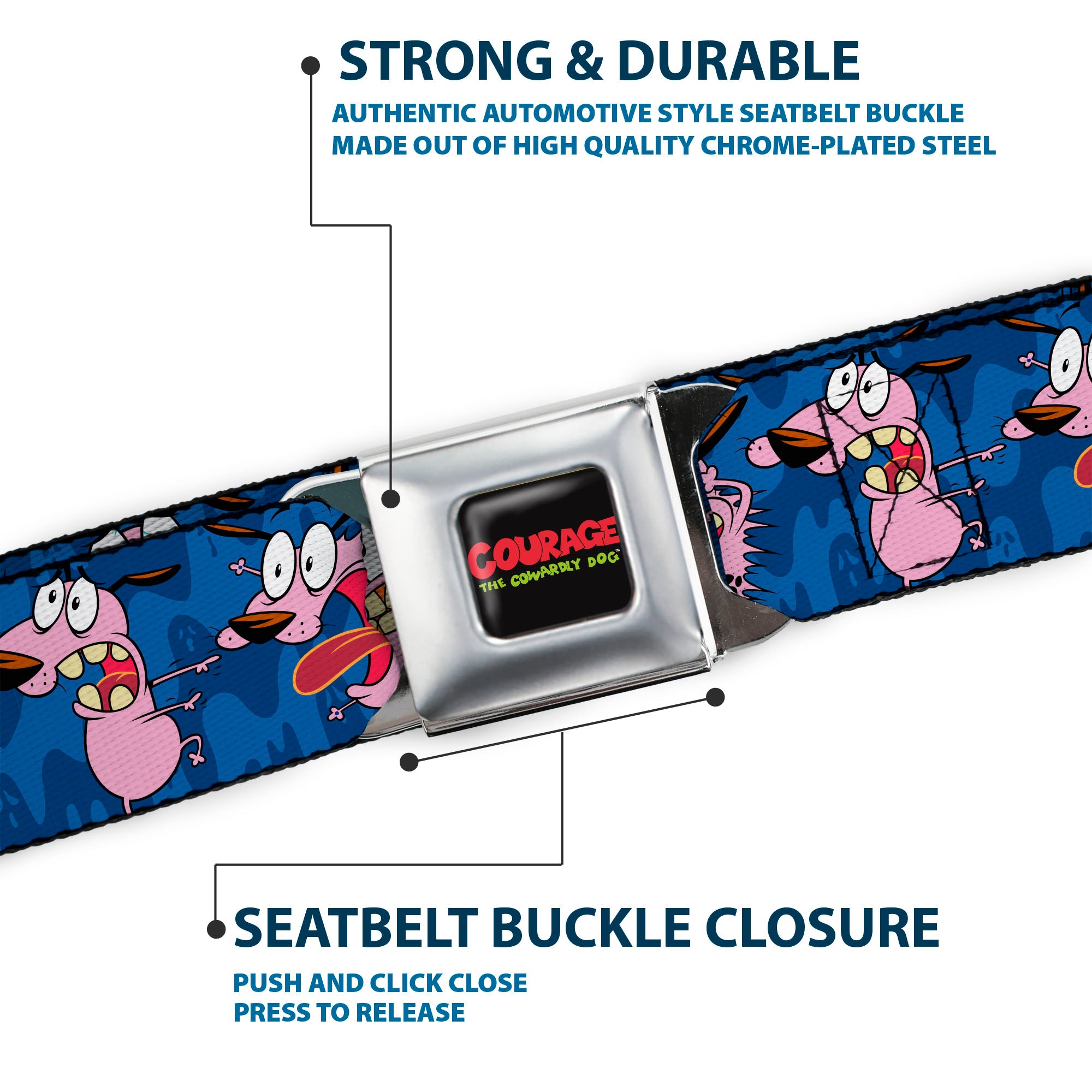 COURAGE THE COWARDLY DOG Title Logo Full Color Black/Red/Green Seatbelt Belt - Courage the Cowardly Dog Expression Poses Blues Webbing Seatbelt Belts Courage the Cowardly Dog