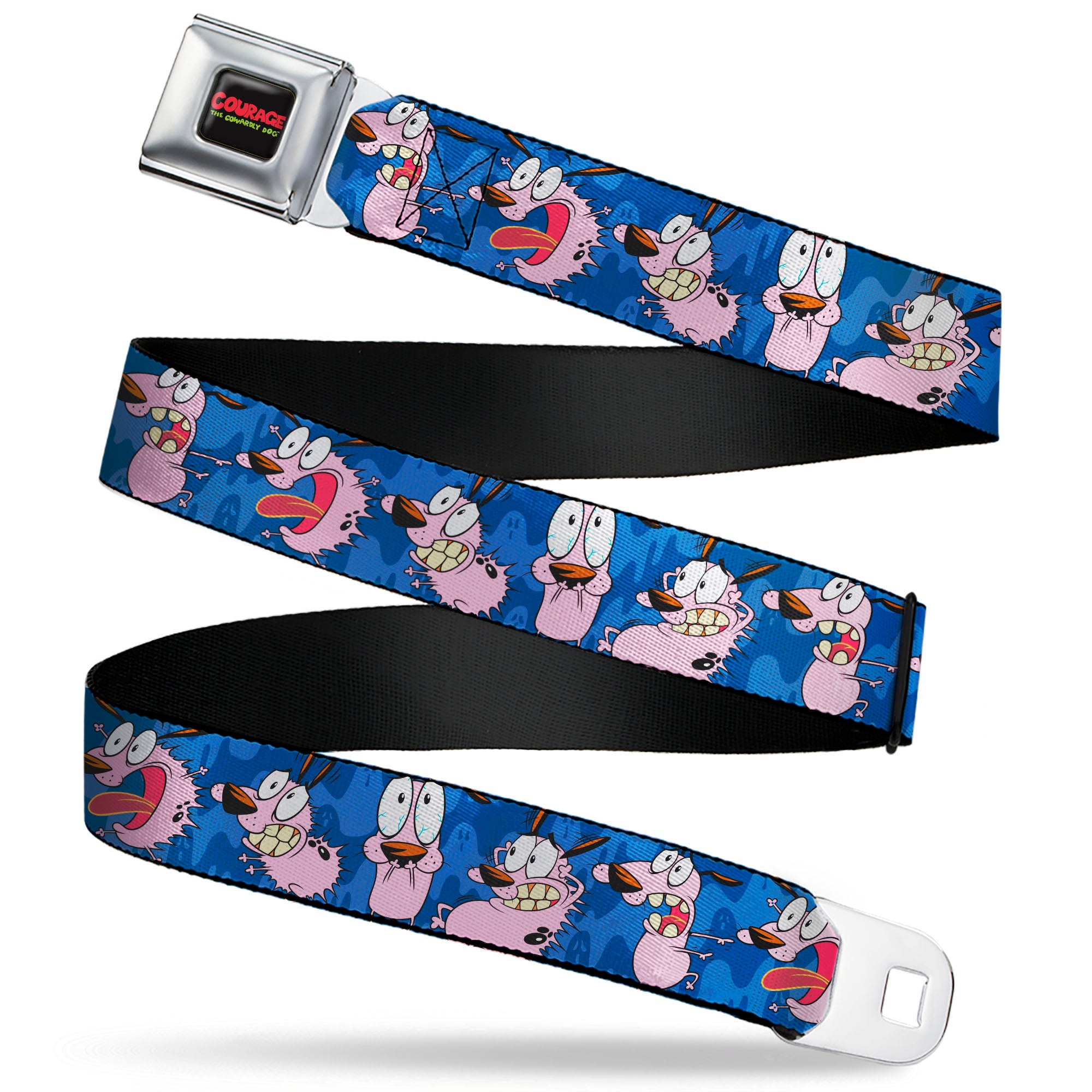 COURAGE THE COWARDLY DOG Title Logo Full Color Black/Red/Green Seatbelt Belt - Courage the Cowardly Dog Expression Poses Blues Webbing Seatbelt Belts Courage the Cowardly Dog