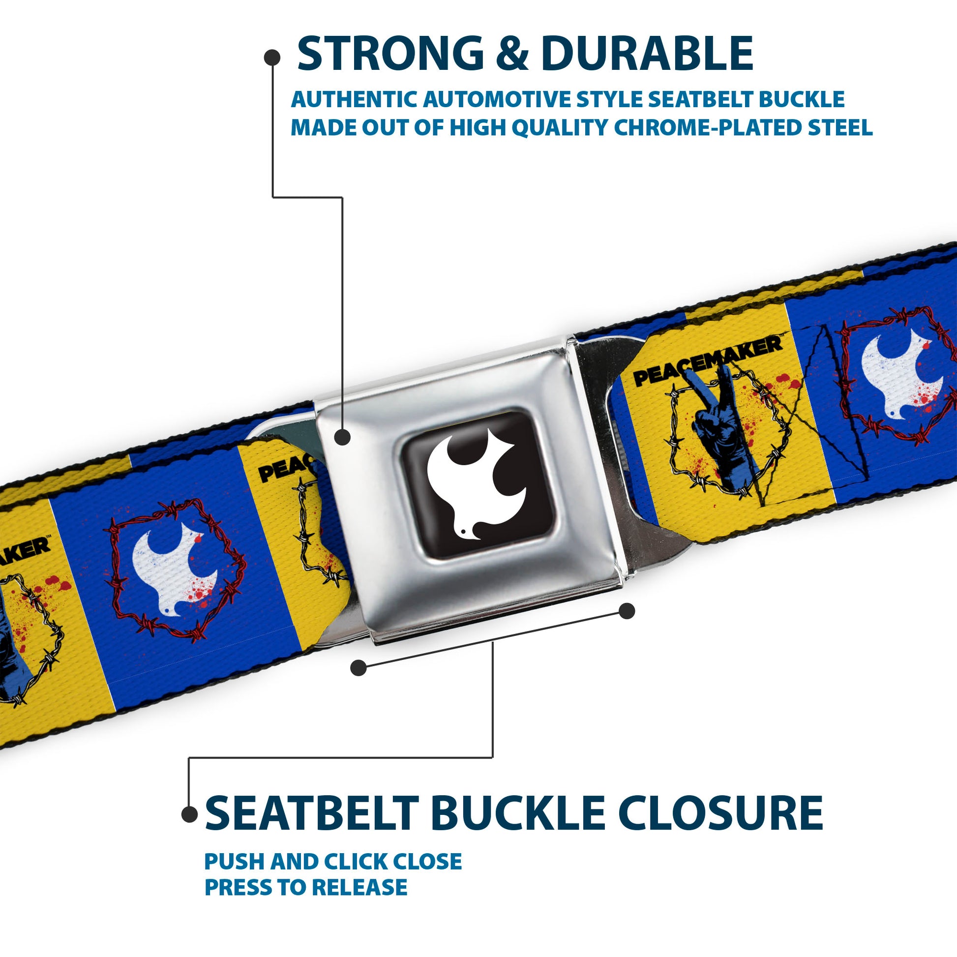 Peacemaker Dove Logo Full Color Black/White Seatbelt Belt - PEACEMAKER Peace Signal and Dove Symbol Blocks Blue/Yellow Webbing Seatbelt Belts DC Comics