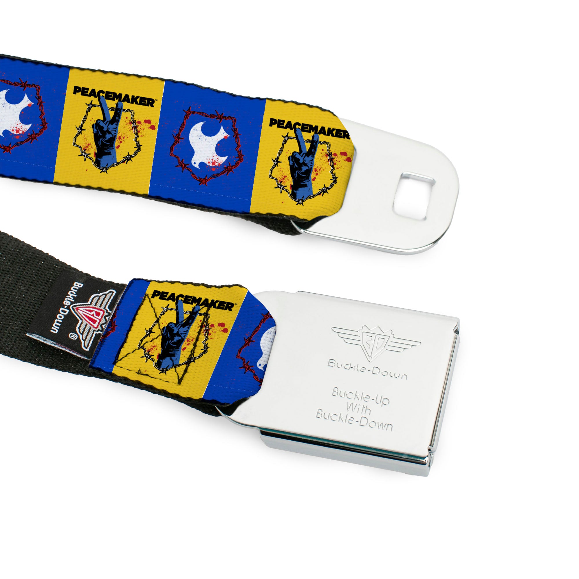 Peacemaker Dove Logo Full Color Black/White Seatbelt Belt - PEACEMAKER Peace Signal and Dove Symbol Blocks Blue/Yellow Webbing Seatbelt Belts DC Comics