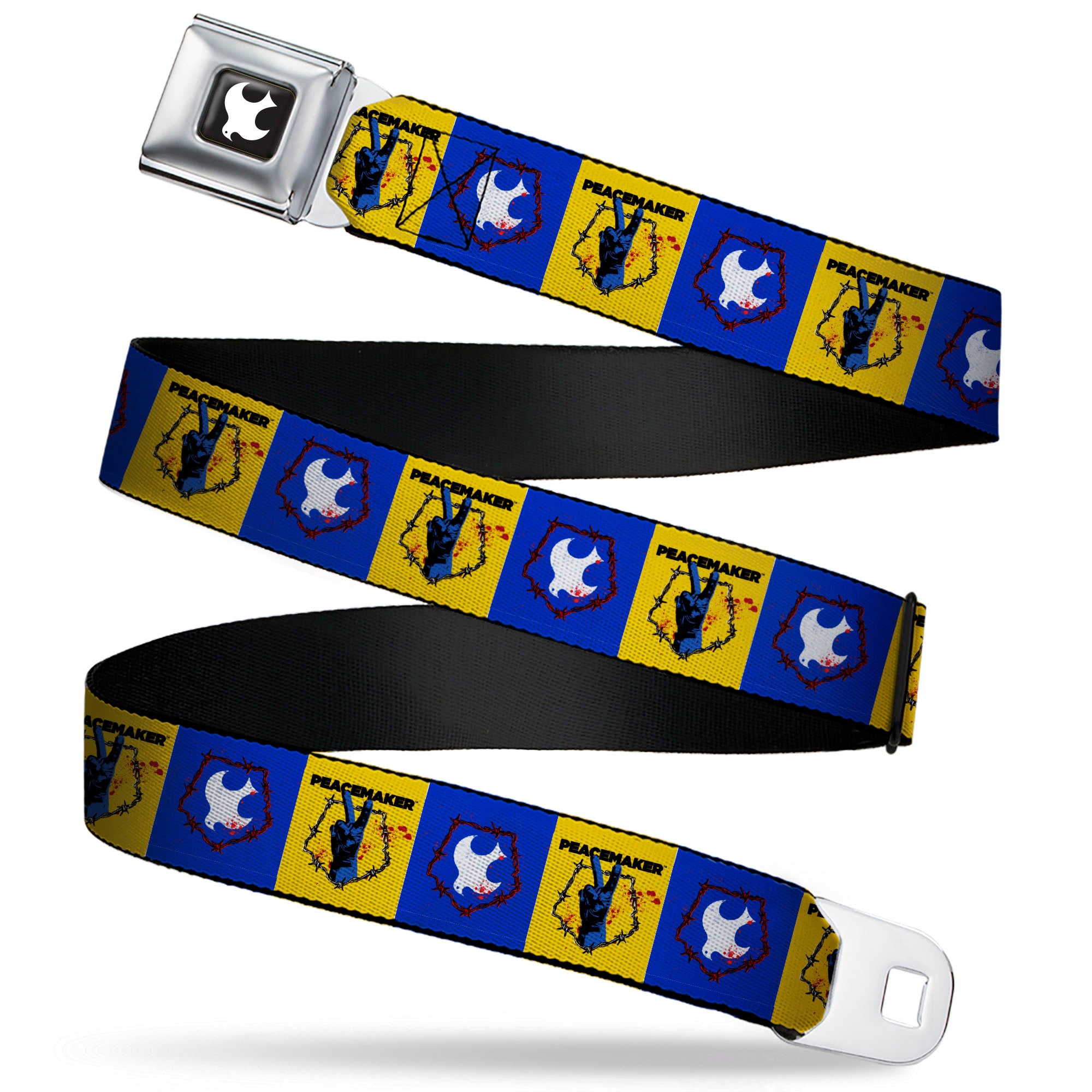 Peacemaker Dove Logo Full Color Black/White Seatbelt Belt - PEACEMAKER Peace Signal and Dove Symbol Blocks Blue/Yellow Webbing Seatbelt Belts DC Comics