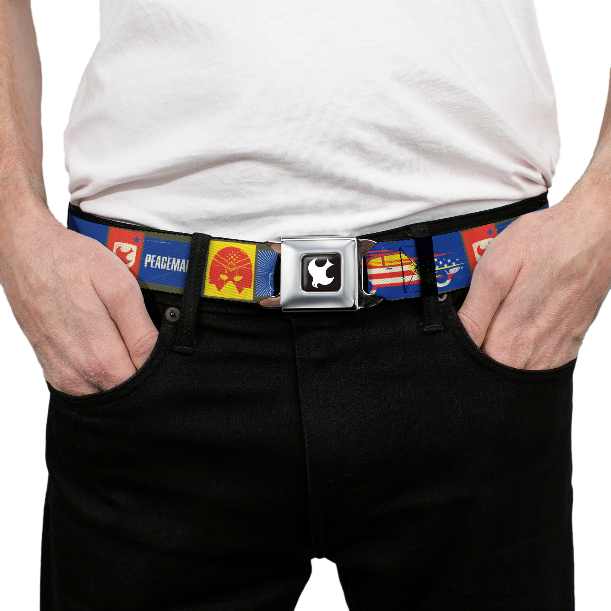 Peacemaker Dove Logo Full Color Black/White Seatbelt Belt - PEACEMAKER Icon Blocks Blue/Yellow/Red Webbing Seatbelt Belts DC Comics