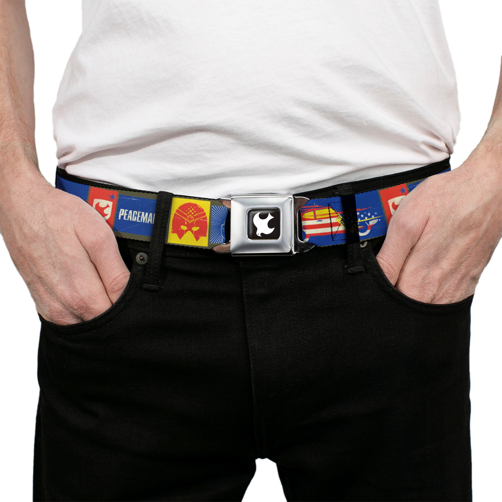 Peacemaker Dove Logo Full Color Black/White Seatbelt Belt - PEACEMAKER Icon Blocks Blue/Yellow/Red Webbing Seatbelt Belts DC Comics
