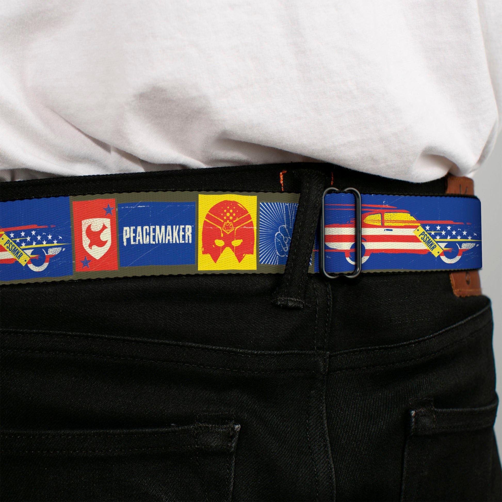 Peacemaker Dove Logo Full Color Black/White Seatbelt Belt - PEACEMAKER Icon Blocks Blue/Yellow/Red Webbing Seatbelt Belts DC Comics