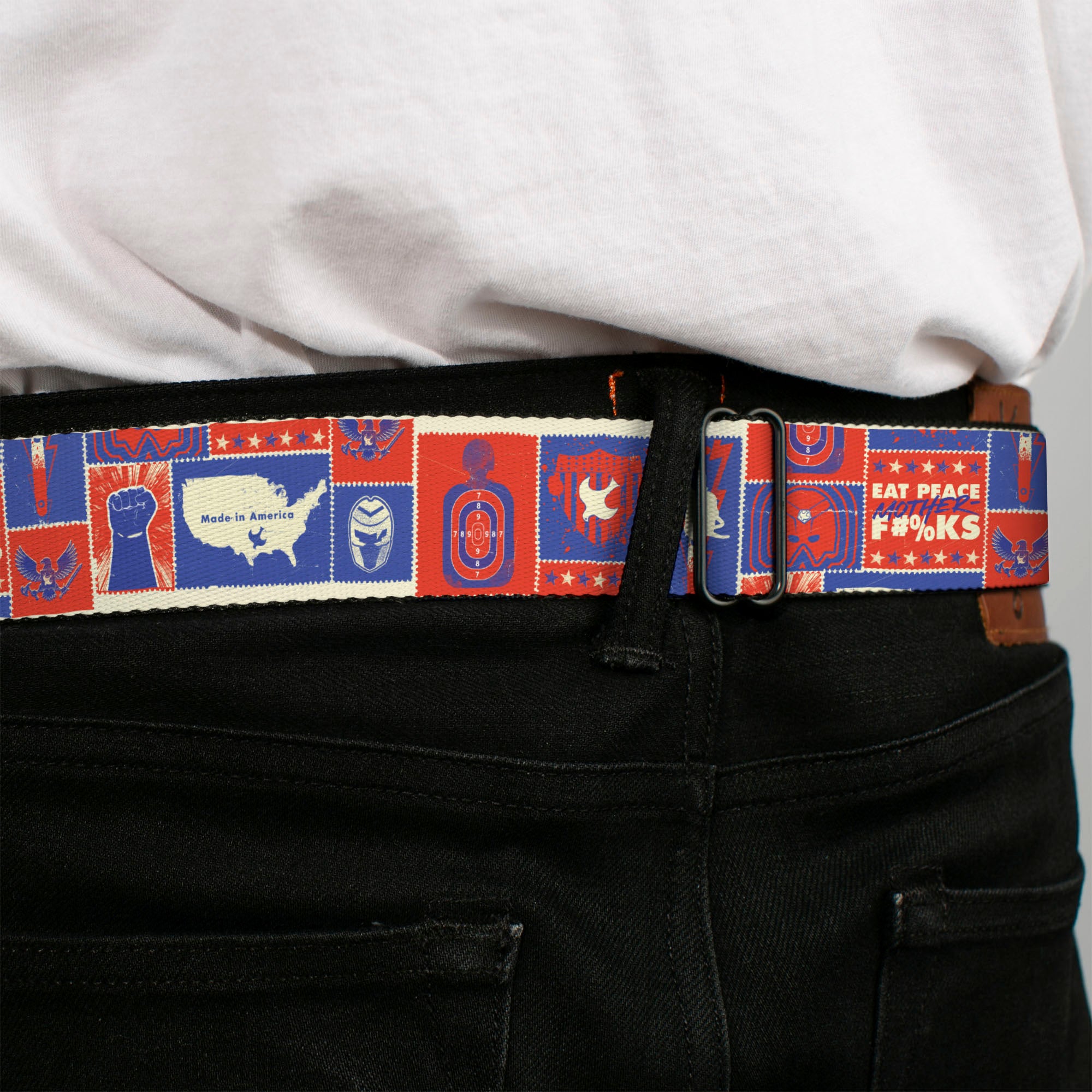Peacemaker Dove Logo Full Color Black/White Seatbelt Belt - Peacemaker EAT PEACE Icons Collage Blue/Red/White Webbing Seatbelt Belts DC Comics