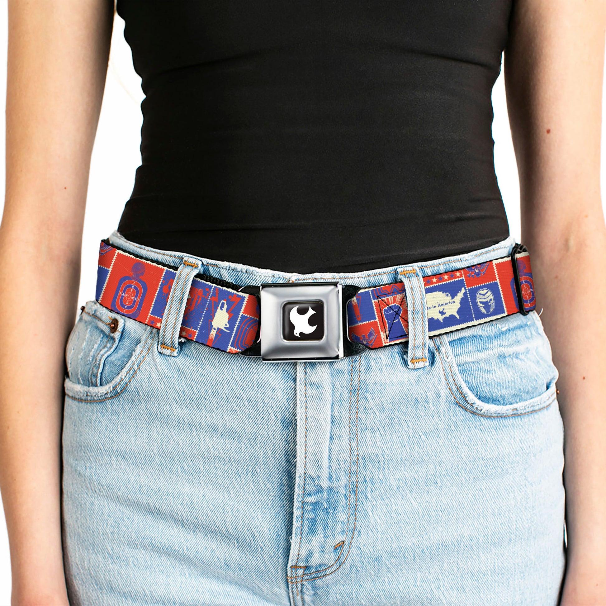 Peacemaker Dove Logo Full Color Black/White Seatbelt Belt - Peacemaker EAT PEACE Icons Collage Blue/Red/White Webbing Seatbelt Belts DC Comics