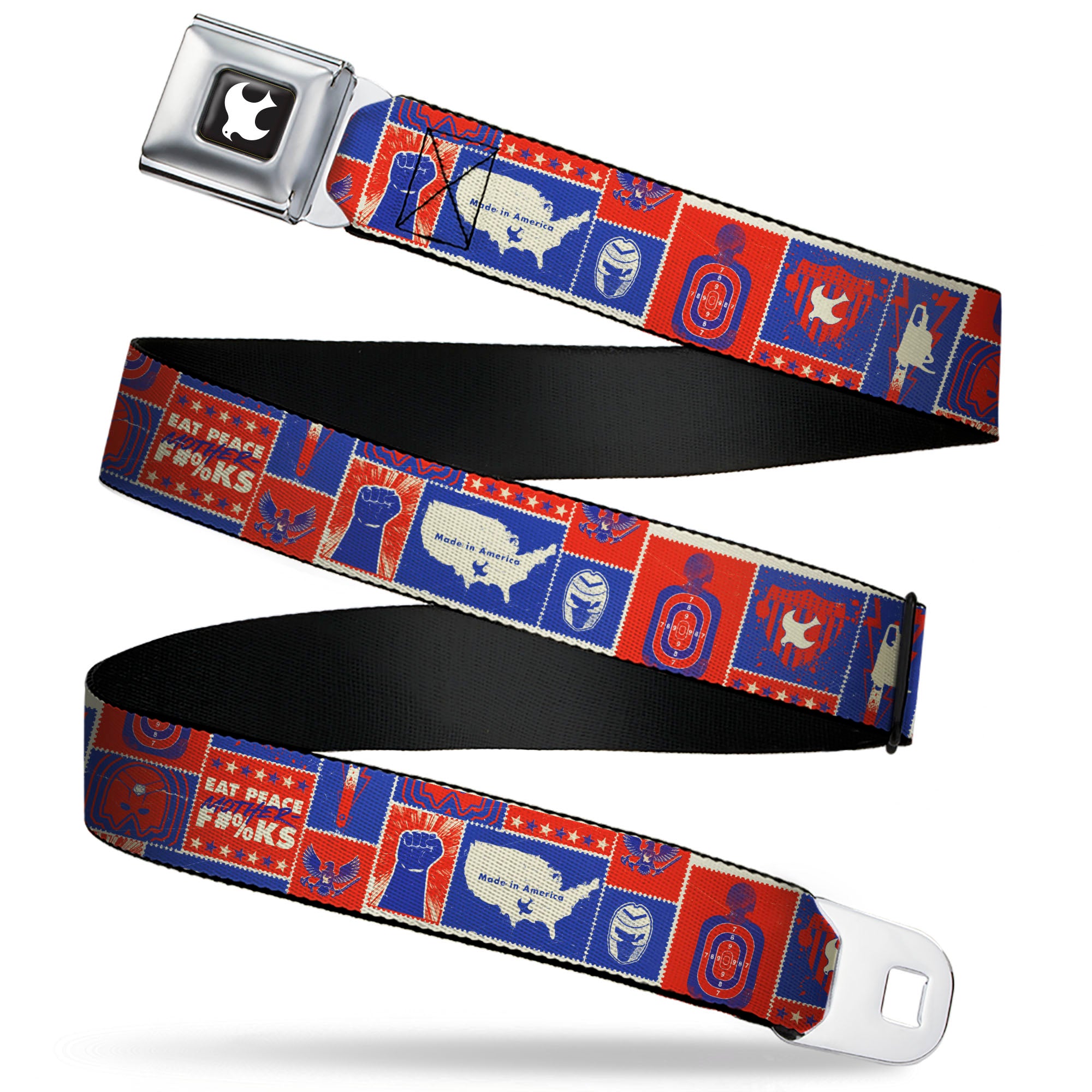 Peacemaker Dove Logo Full Color Black/White Seatbelt Belt - Peacemaker EAT PEACE Icons Collage Blue/Red/White Webbing Seatbelt Belts DC Comics