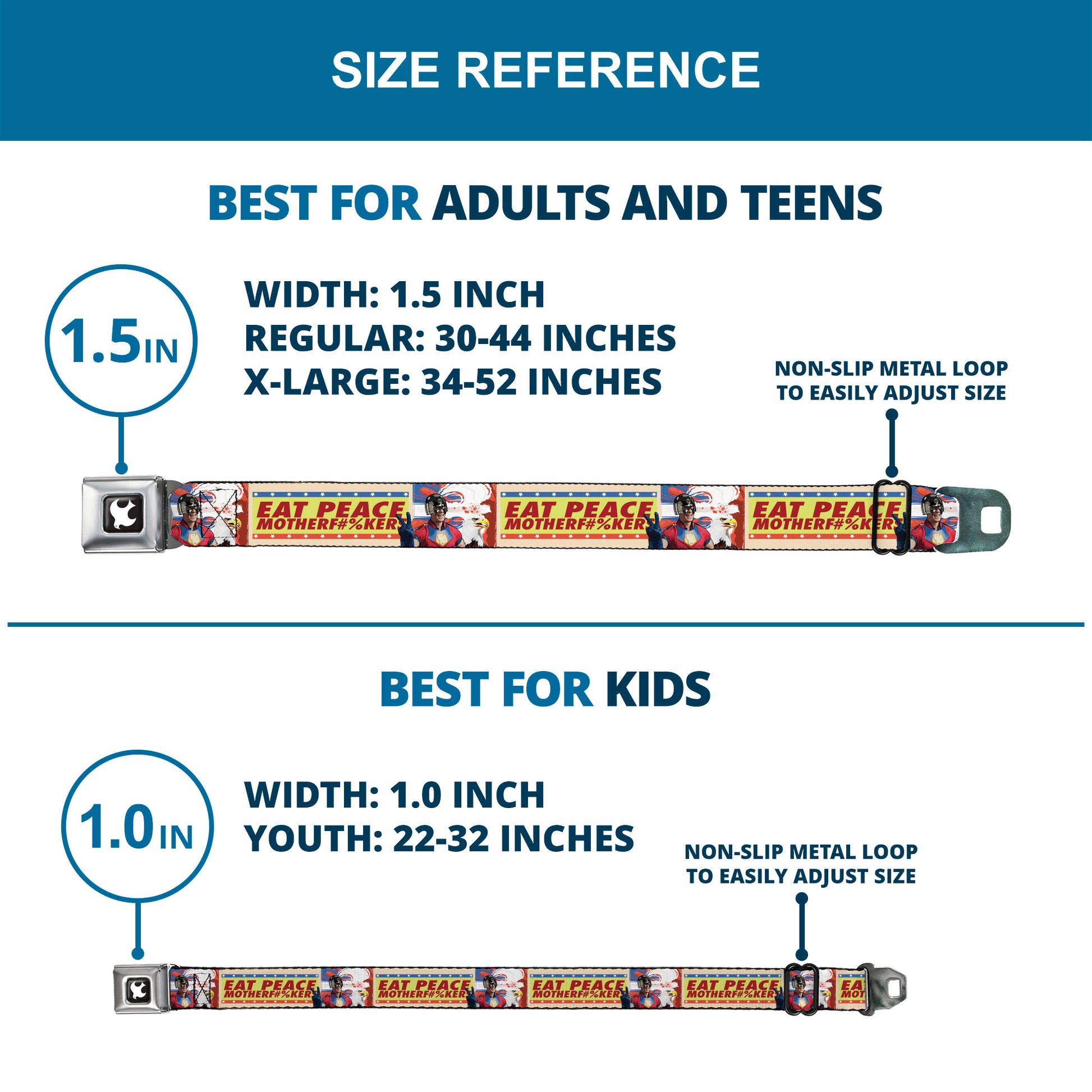 Peacemaker Dove Logo Full Color Black/White Seatbelt Belt - Peacemaker EAT PEACE Pose and Quote Yellows/Blue/Reds Webbing Seatbelt Belts DC Comics
