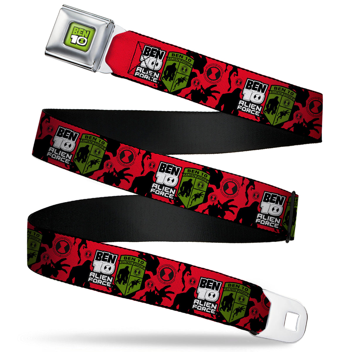 BEN 10 Title Logo Full Color Green/Black/White Seatbelt Belt - BEN 10 ALIEN FORCE Badge and Character Collage Red/Black/White/Green Webbing Seatbelt Belts Ben 10