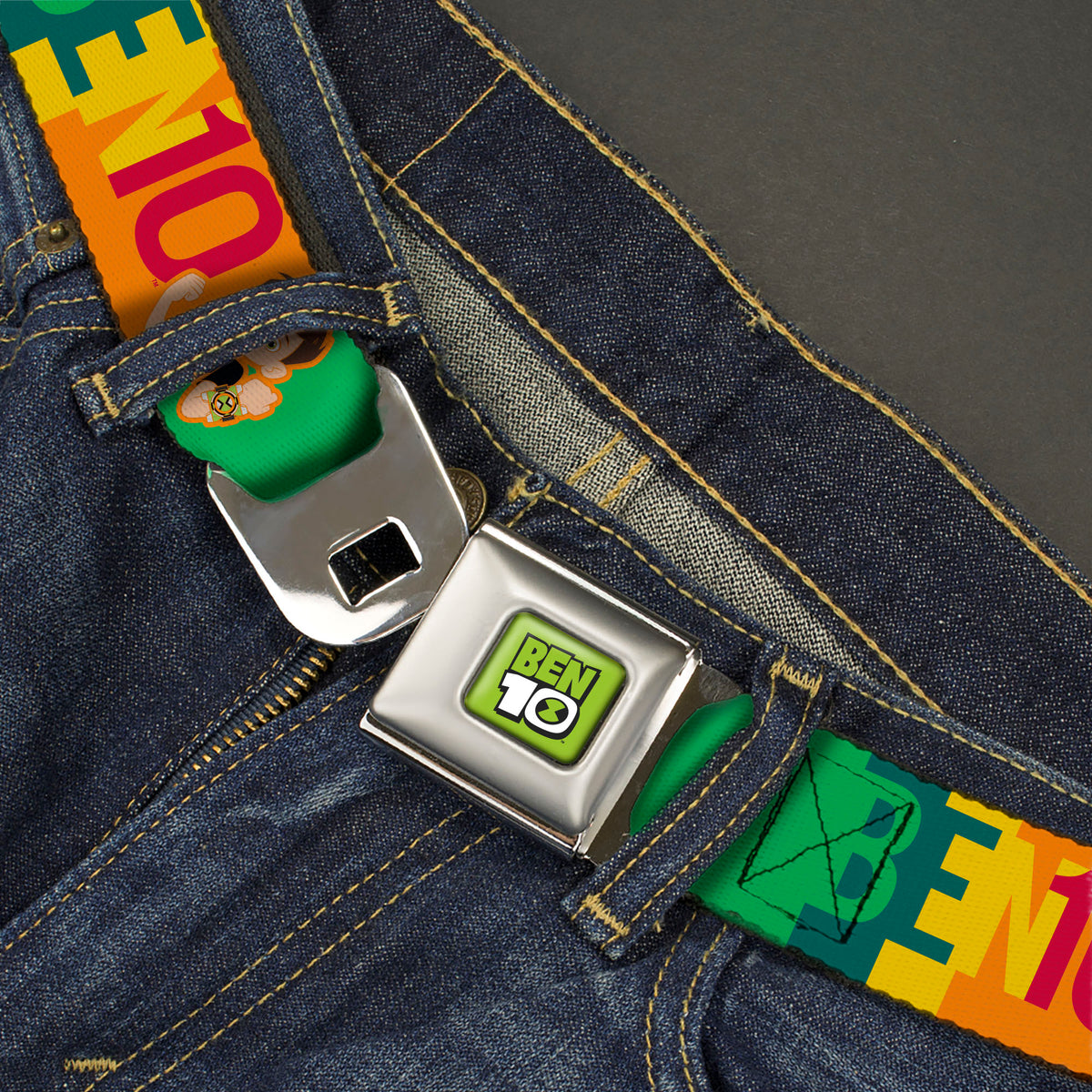 BEN 10 Title Logo Full Color Green/Black/White Seatbelt Belt - BEN 10 Pose and Text Blocks Multi Color Webbing Seatbelt Belts Ben 10