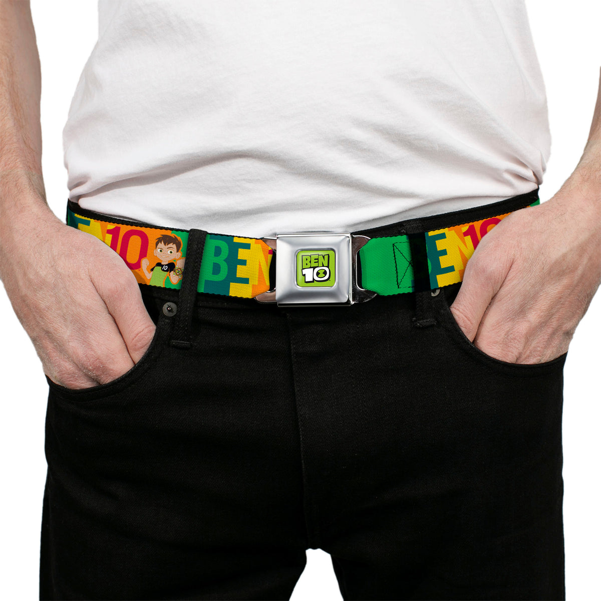 BEN 10 Title Logo Full Color Green/Black/White Seatbelt Belt - BEN 10 Pose and Text Blocks Multi Color Webbing Seatbelt Belts Ben 10