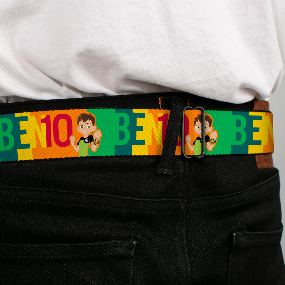 BEN 10 Title Logo Full Color Green/Black/White Seatbelt Belt - BEN 10 Pose and Text Blocks Multi Color Webbing Seatbelt Belts Ben 10