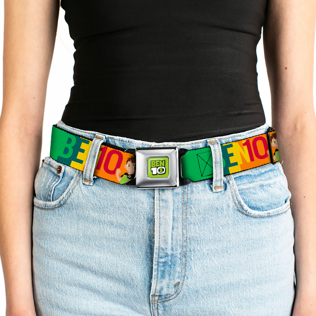 BEN 10 Title Logo Full Color Green/Black/White Seatbelt Belt - BEN 10 Pose and Text Blocks Multi Color Webbing Seatbelt Belts Ben 10