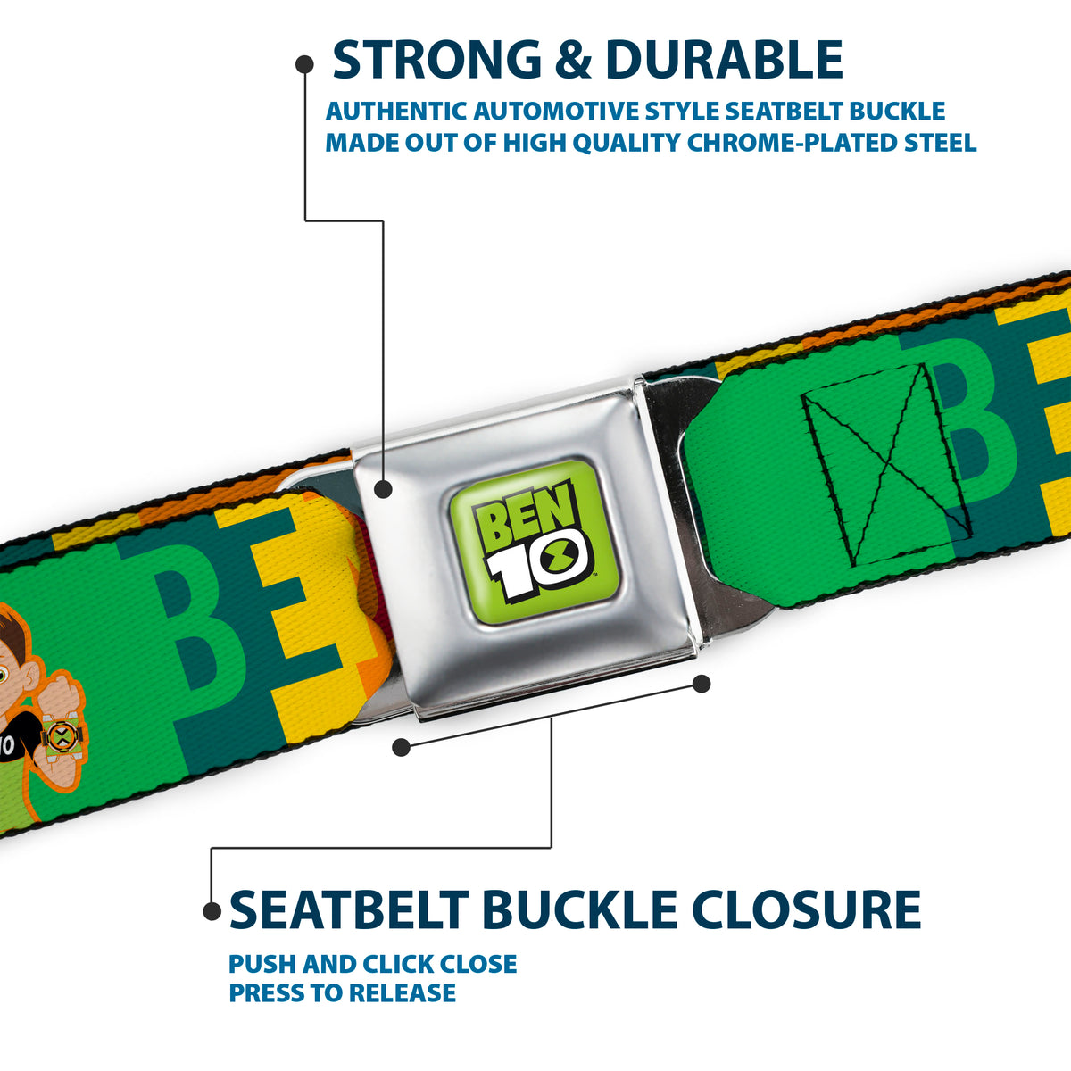 BEN 10 Title Logo Full Color Green/Black/White Seatbelt Belt - BEN 10 Pose and Text Blocks Multi Color Webbing Seatbelt Belts Ben 10