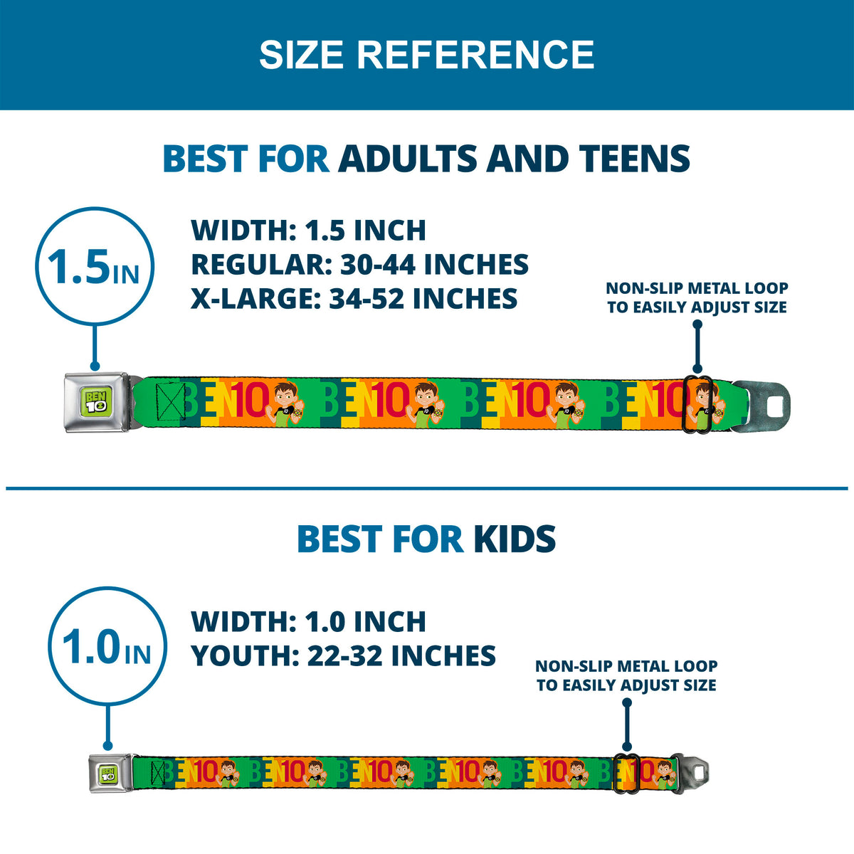 BEN 10 Title Logo Full Color Green/Black/White Seatbelt Belt - BEN 10 Pose and Text Blocks Multi Color Webbing Seatbelt Belts Ben 10