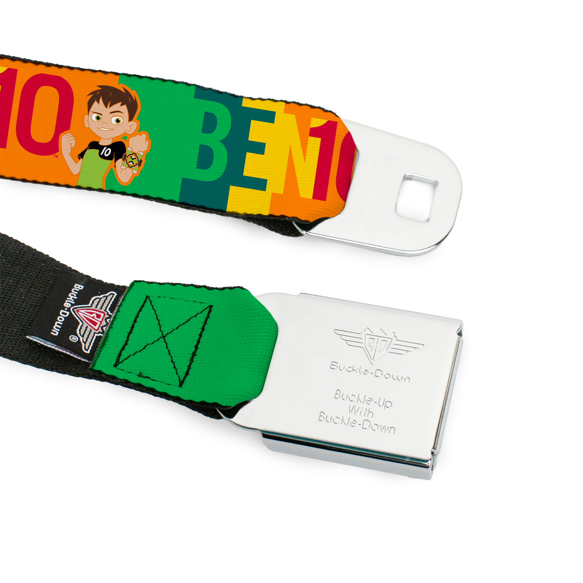 BEN 10 Title Logo Full Color Green/Black/White Seatbelt Belt - BEN 10 Pose and Text Blocks Multi Color Webbing Seatbelt Belts Ben 10