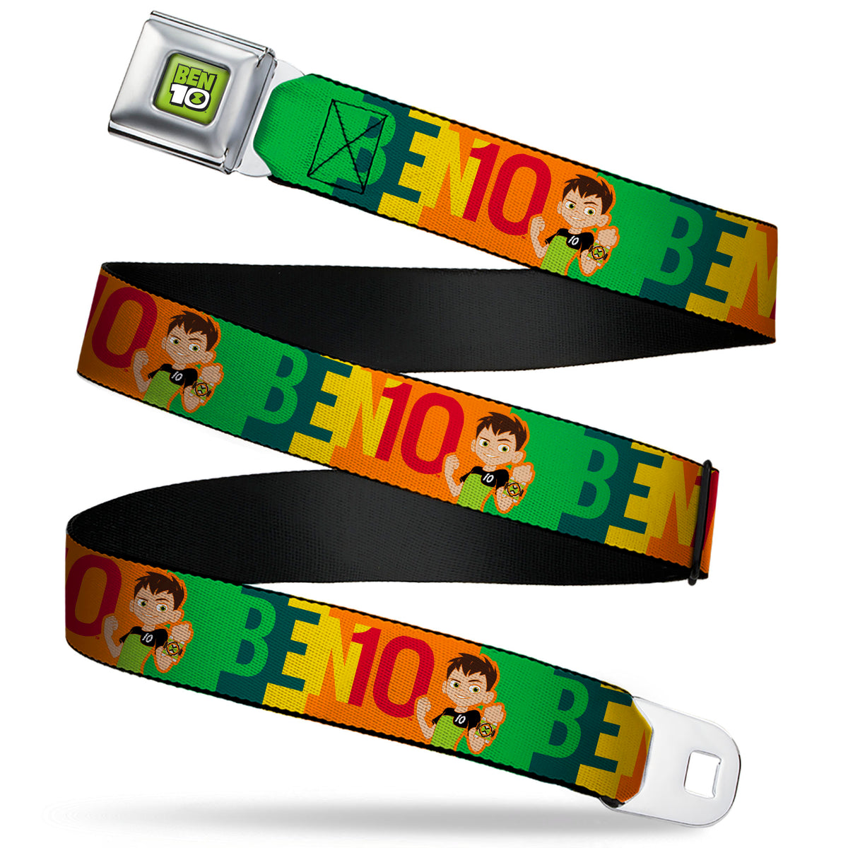 BEN 10 Title Logo Full Color Green/Black/White Seatbelt Belt - BEN 10 Pose and Text Blocks Multi Color Webbing Seatbelt Belts Ben 10